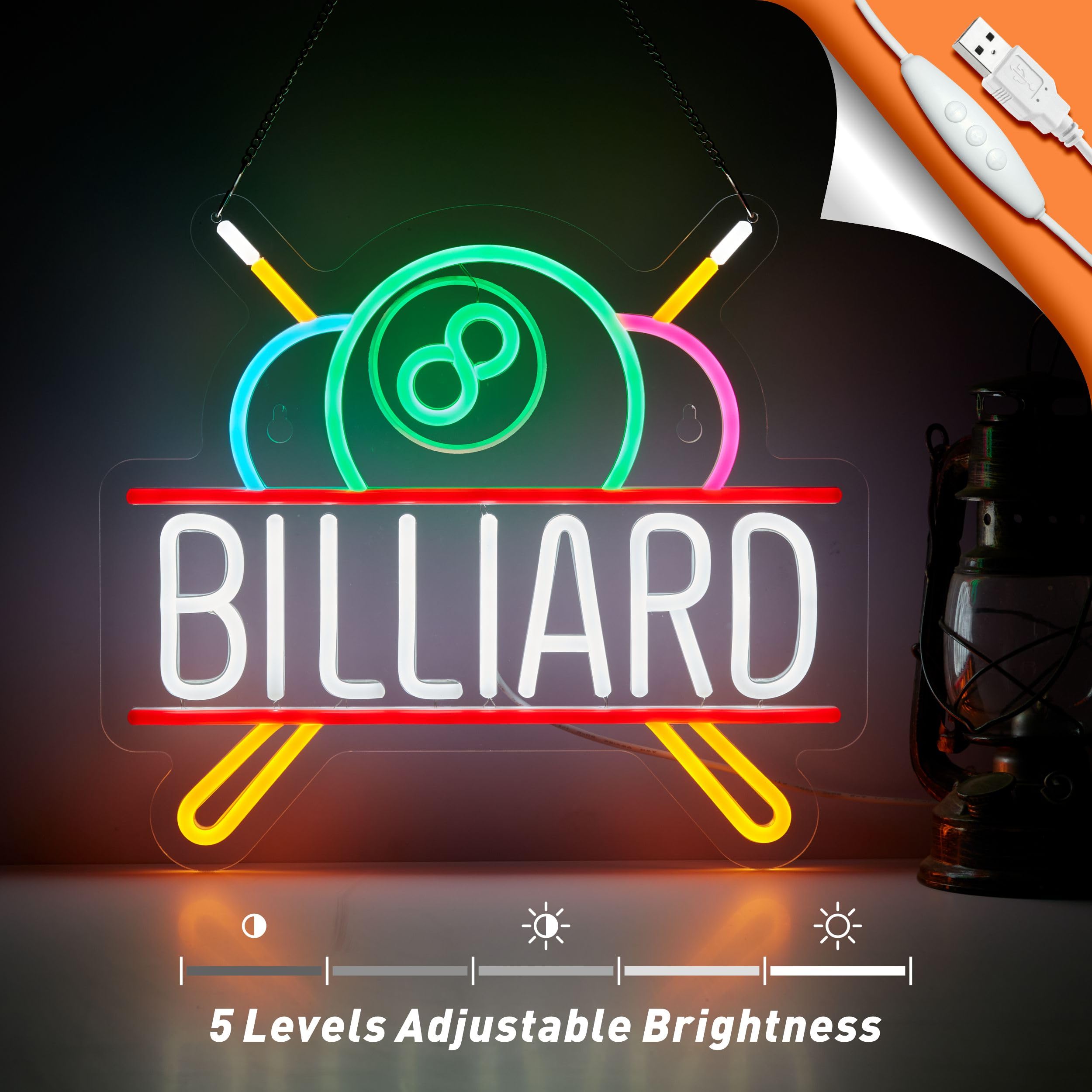 NEONLAND Billiards Neon Sign LED Light for Pool Room Wall Decor 14.2inx12.6in White + Red USB Powered Dimmable Model NL-BILLIARD