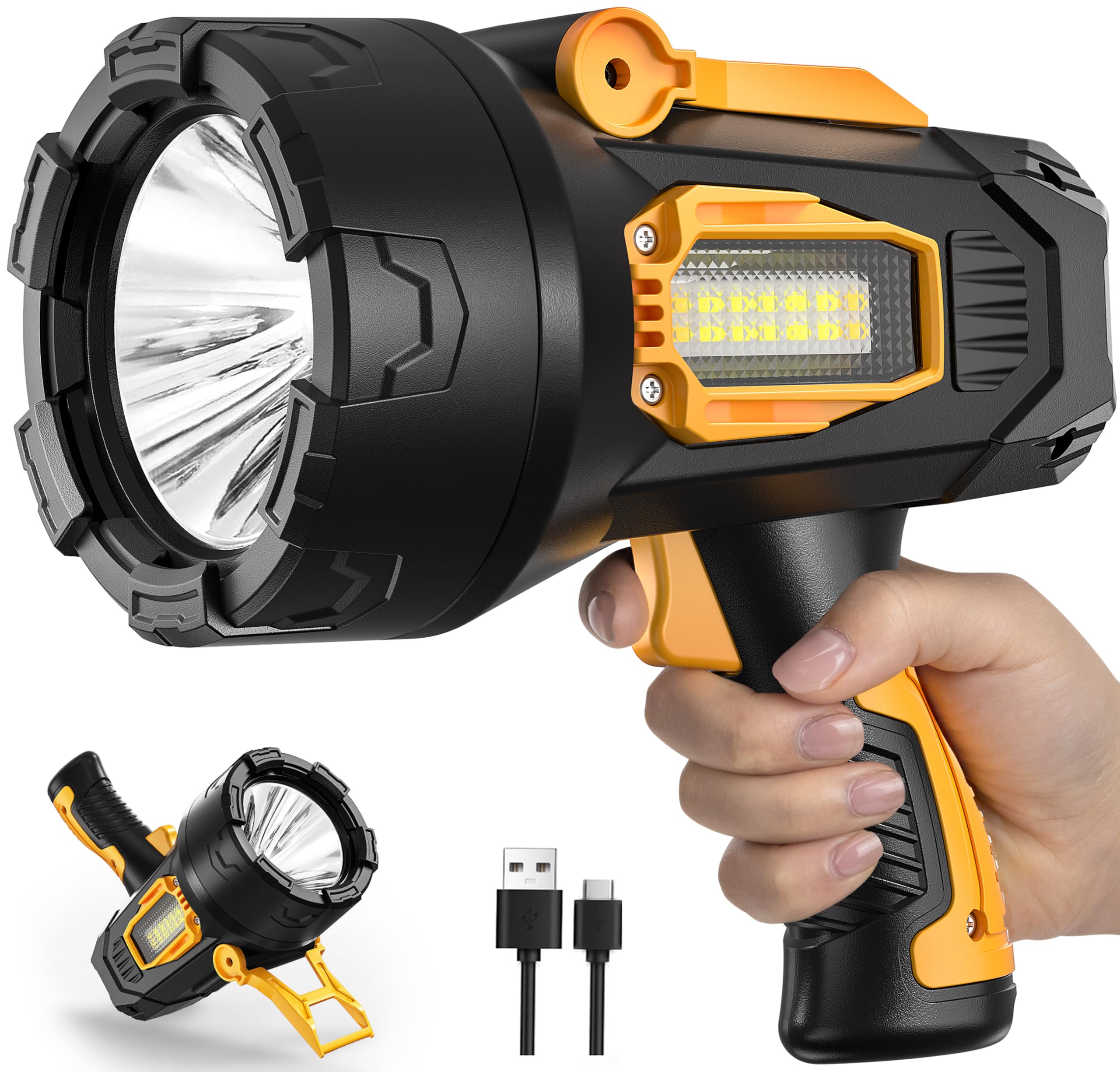 MIXILIN Rechargeable Spotlight 99,000 Lumens, Super Bright LED Spotlight Flashlight Outdoor with COB Light & Foldable Tripod, 10