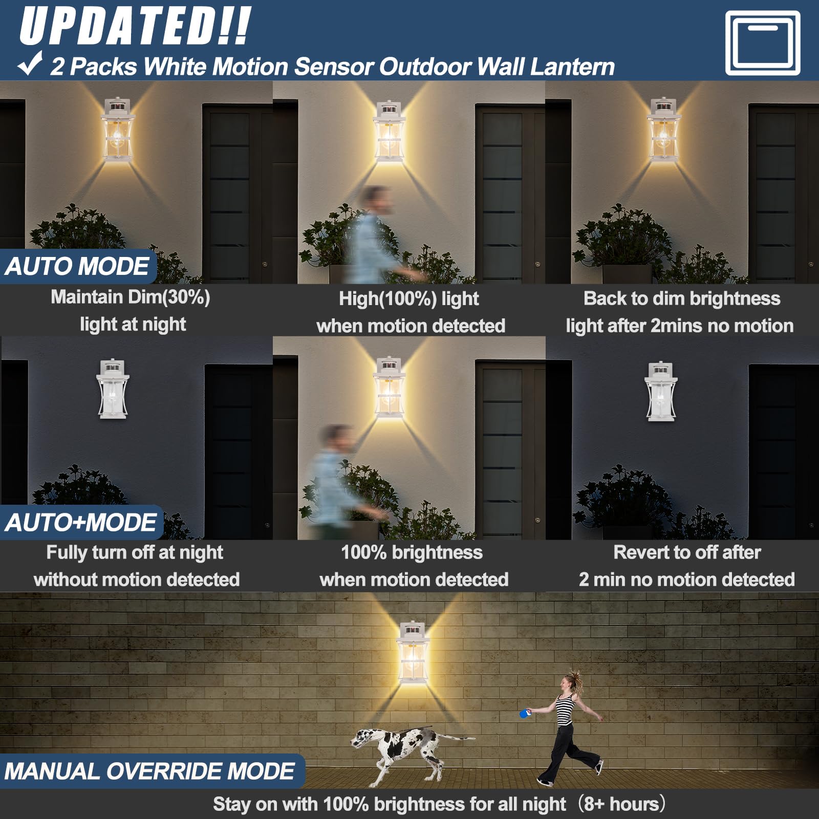Frelii 2-Pack White Motion Sensor Outdoor Lights, Waterproof Metal & Glass Wall Mount Fixtures for Porch, Garage, Dusk to Dawn Lighting