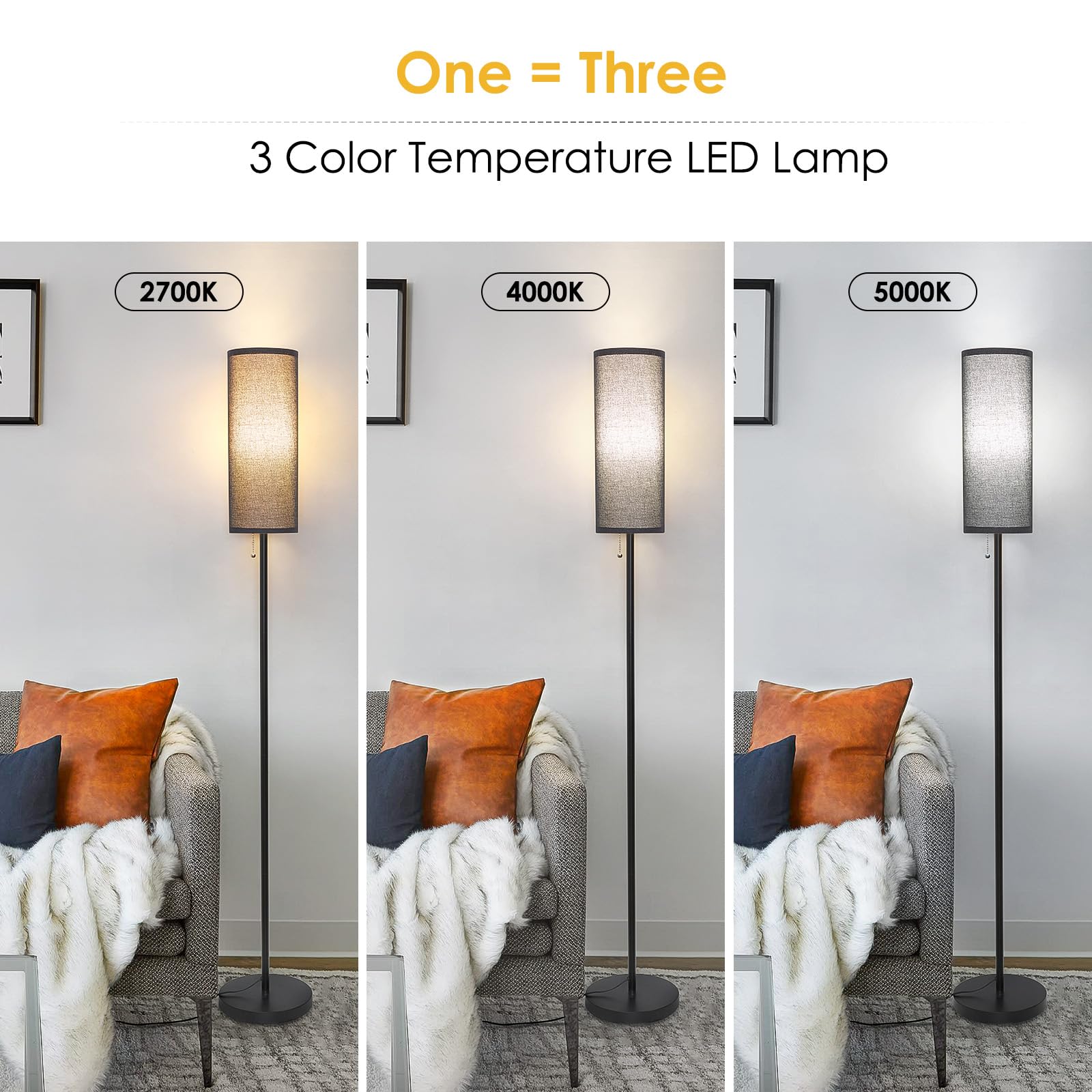 Coucrek Floor Lamp - Modern Standing Lamp, 3 Color Temperatures, Black, Model F036-BL, Metal Design for Living Room, Office, Reading