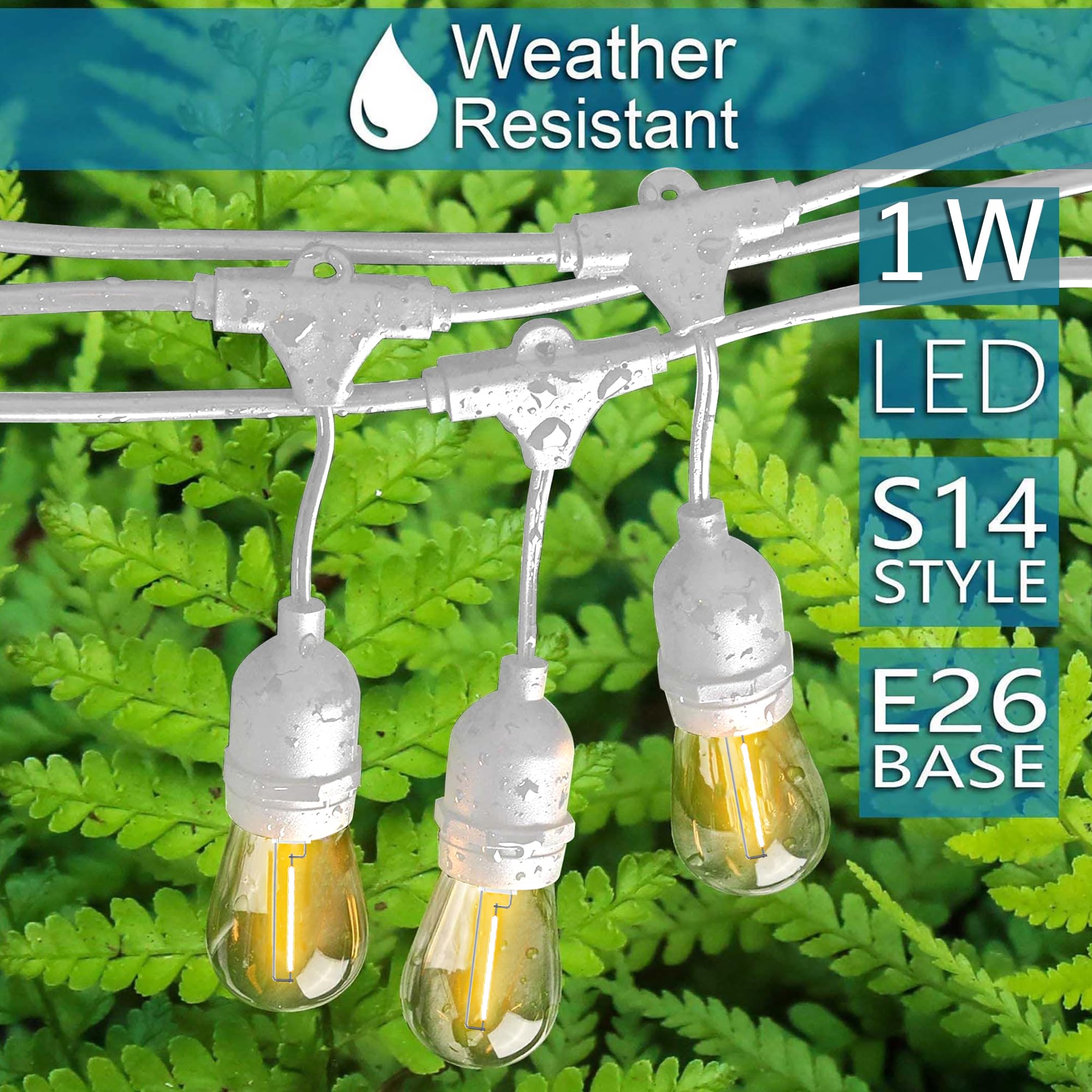 Banord Outdoor String Lights, 48Ft Waterproof Patio Lights With 1W Dimmable Led Bulbs, White Hanging String Lights For Outdoor B