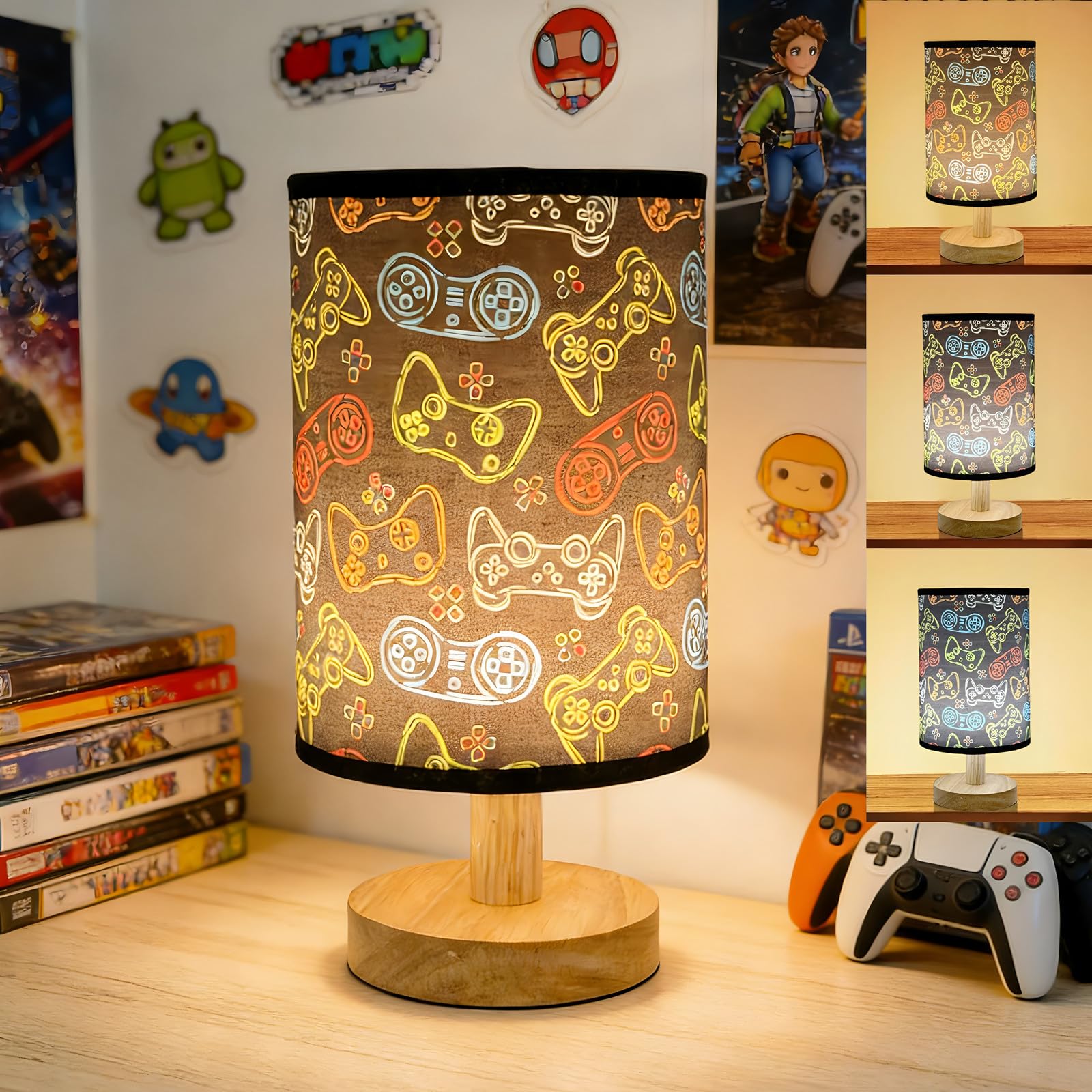 Video Game Table Lamp Kids Bedside Lamps for Bedroom 3 Colors Dimmable Nightstand Night Light Game Lover Decorative Lights with Flaxen Fabric Shade Desk Lamp for Girls Boys Home Playroom Decor