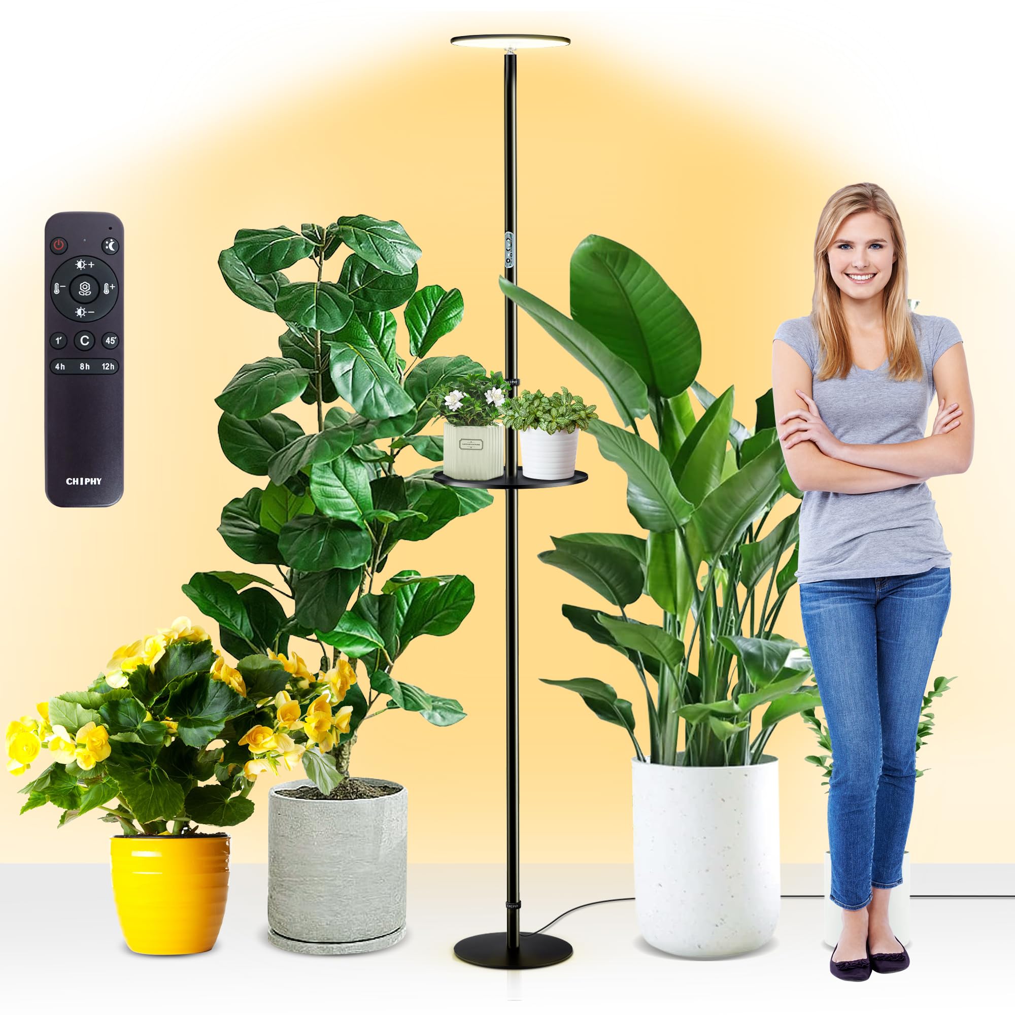 chiphy Grow Lights, Full Spectrum Plant Light, 40W, 69in Tall with Tray & Remote, 10 Dimmable Brightness, Black, Model RF04-002-BK(A