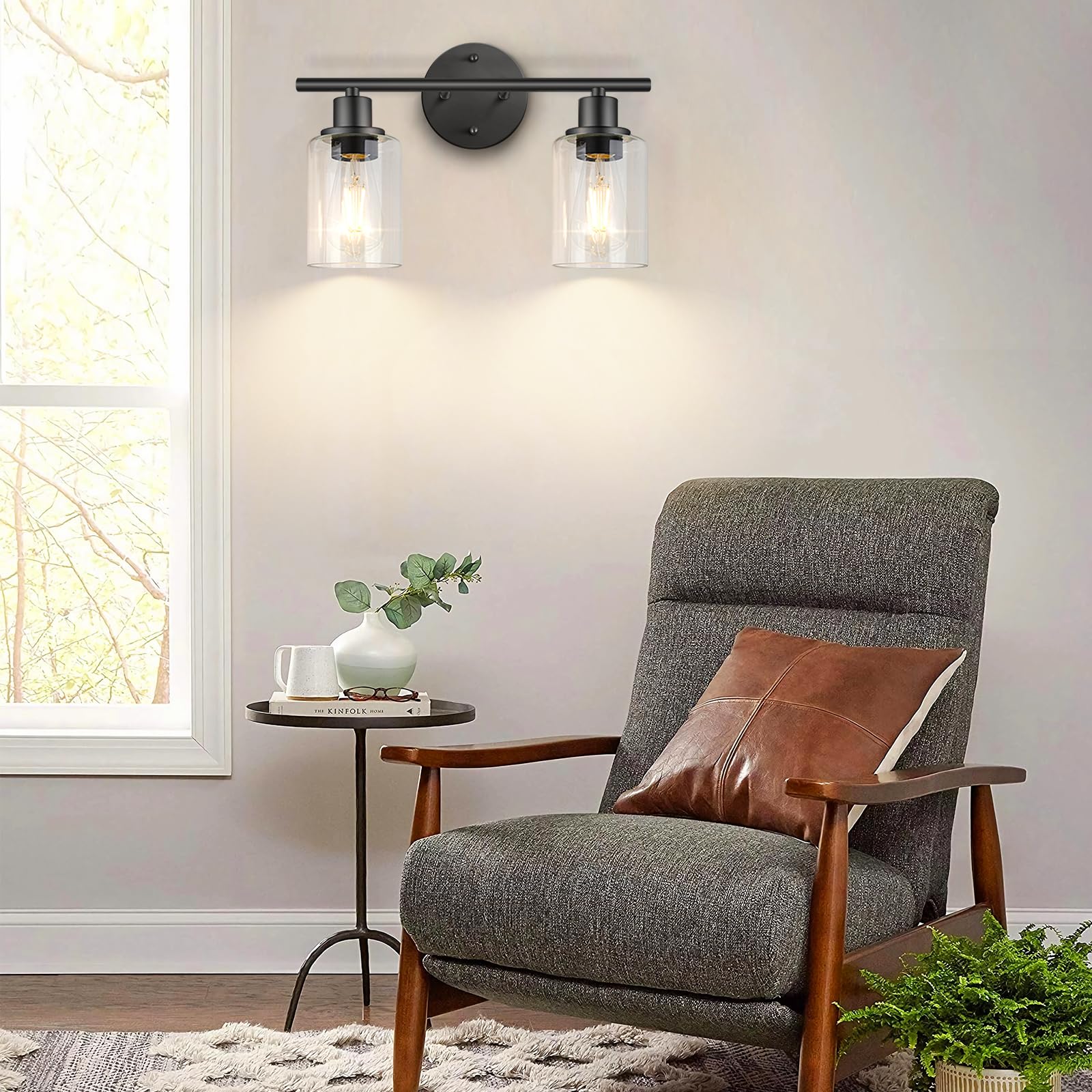 Folksmate 2-Light Matte Black Vanity Light Fixtures With Glass Shade For Modern Bathrooms