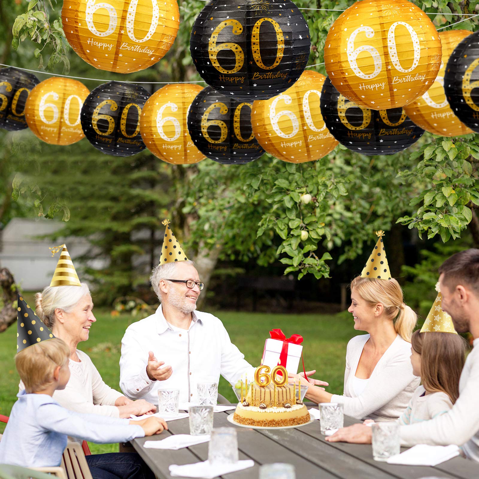 Blulu 6 Pieces Birthday Party Decorations Hanging Paper Lanterns Black Gold Glittery Anniversary Sign for Men Women Teen Birthda