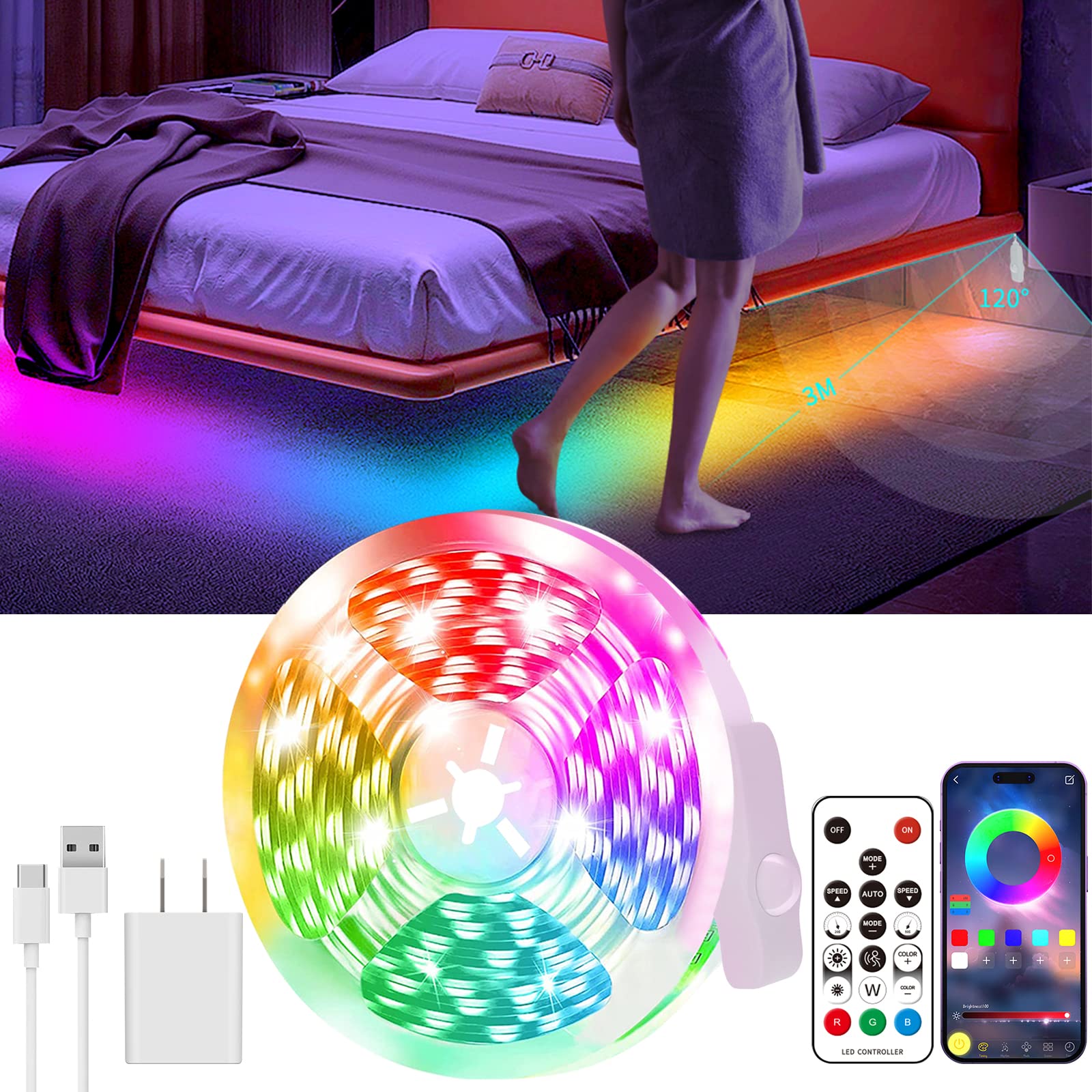 KANTUTOE Motion Activated LED Light Strip, 16.4FT Motion Sensor LED Light Indoor with APP Control, Under Bed Lights Motion Senso