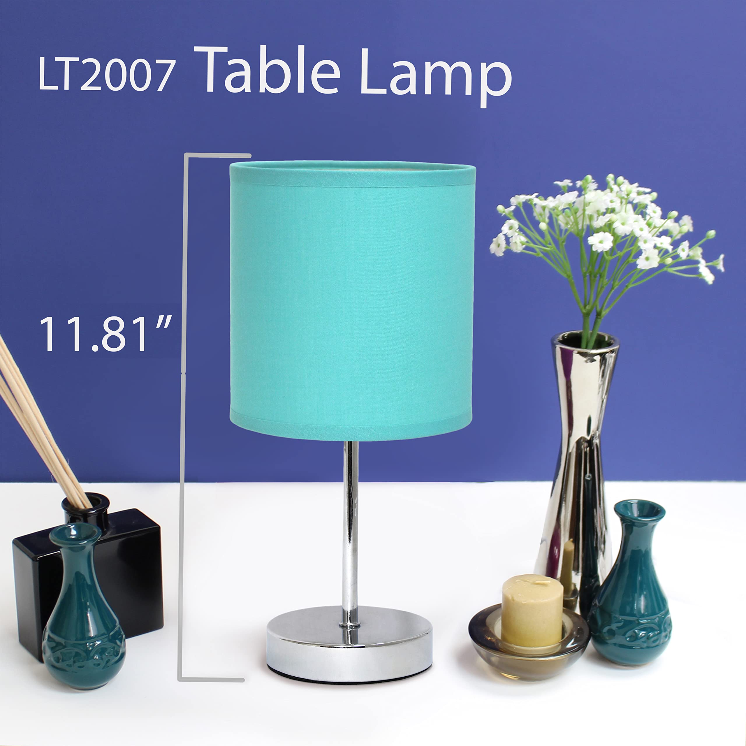 Simple Designs Lt2007-Blu-2Pk Chrome Mini Basic Table Lamp With Fabric Shade 2 Pack Set, Blue Turquoise