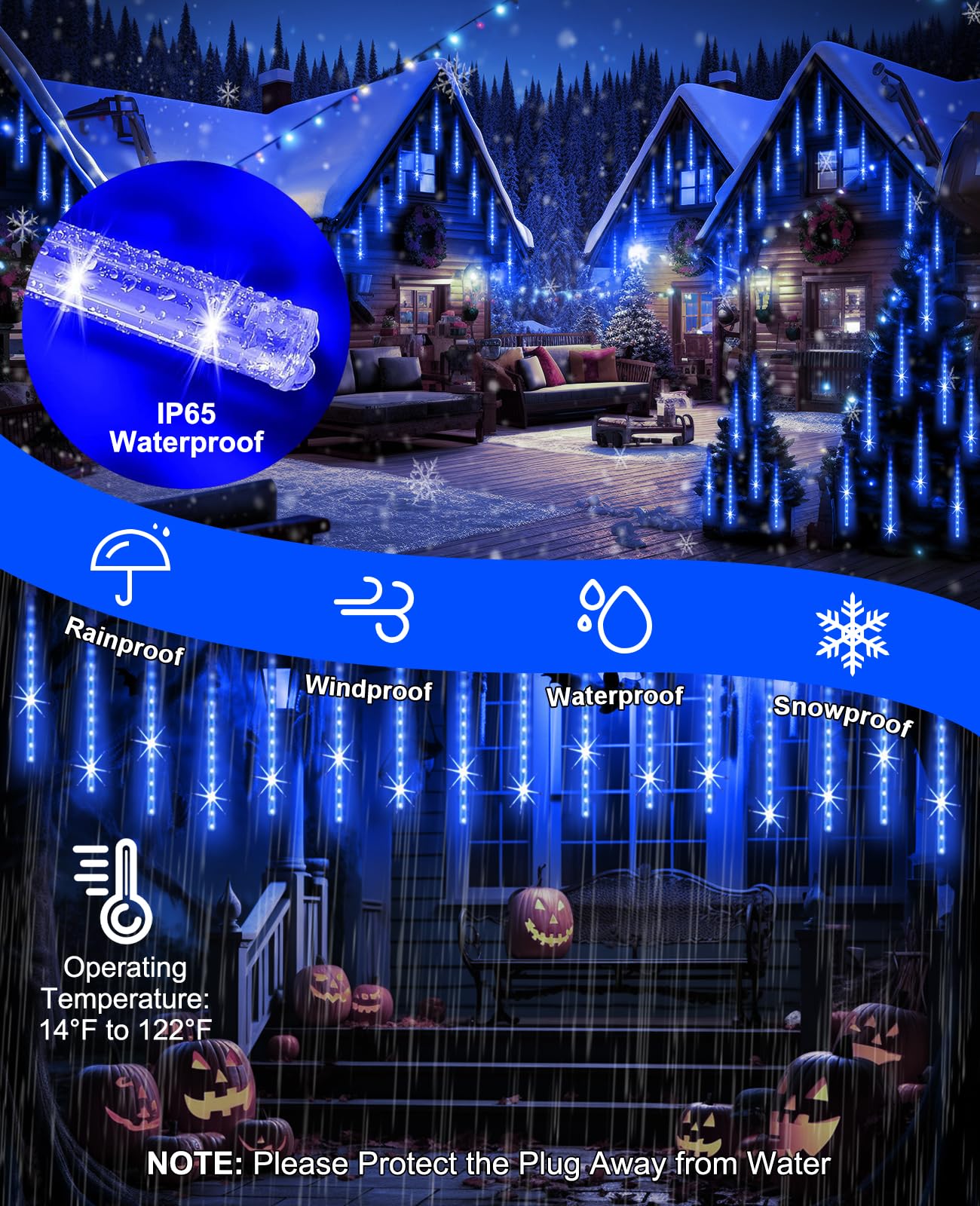 EAGWELL 20 Tube 1080 LED Blue Meteor Shower Lights - Waterproof Cascading Lights for Garden, Porch, Wedding, and Christmas Decor