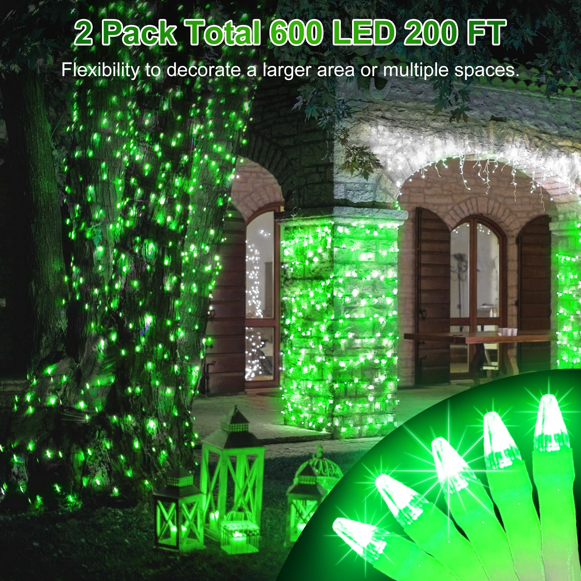 HRANBOTY 600 LED Christmas String Lights, 200FT Green Fairy Lights, Indoor Outdoor, 8 Modes & Timer, Model HS-300L