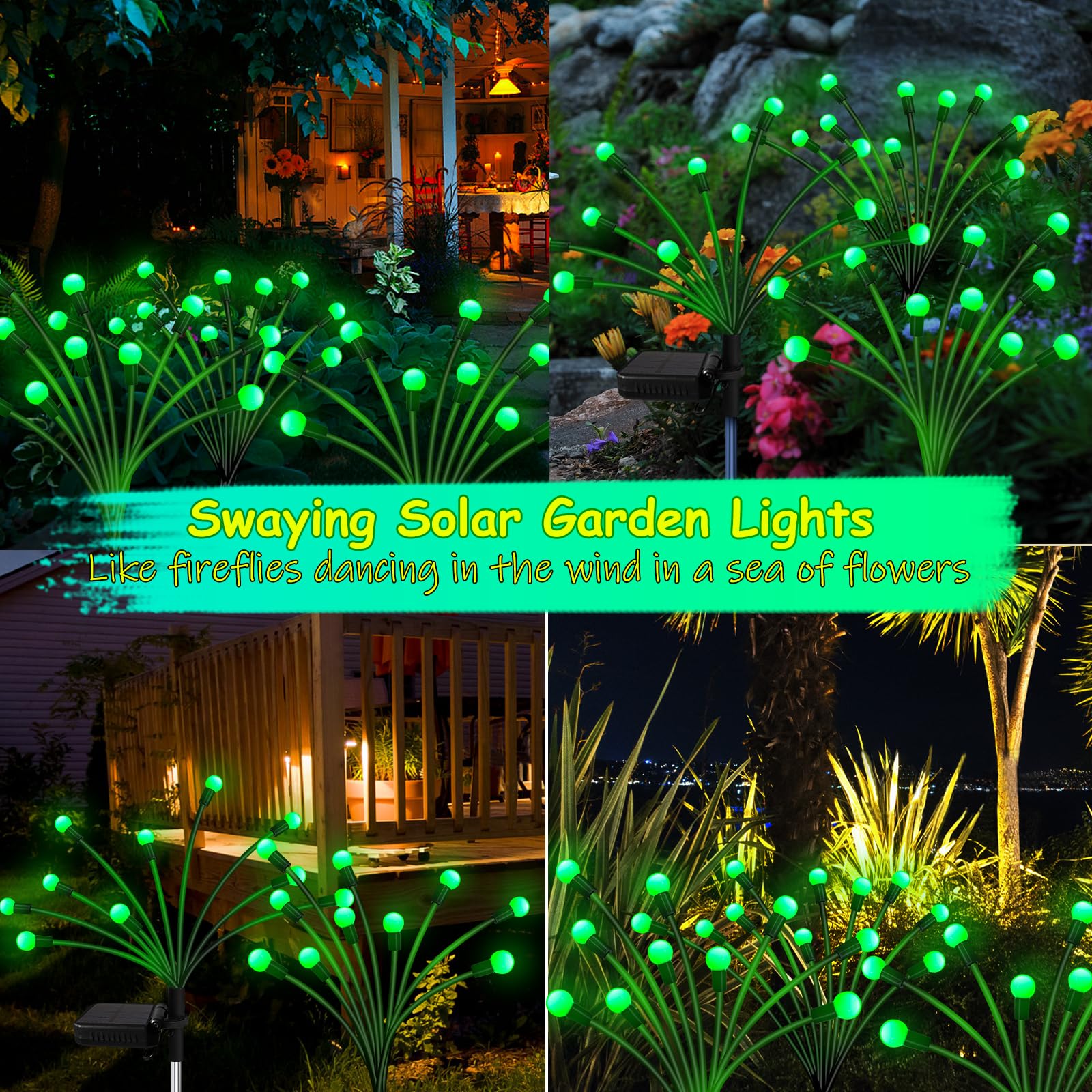 Kohlrabi Solar Garden Lights 6 Pack, 60 Led Waterproof Green Firefly Lights For Outdoor Decor