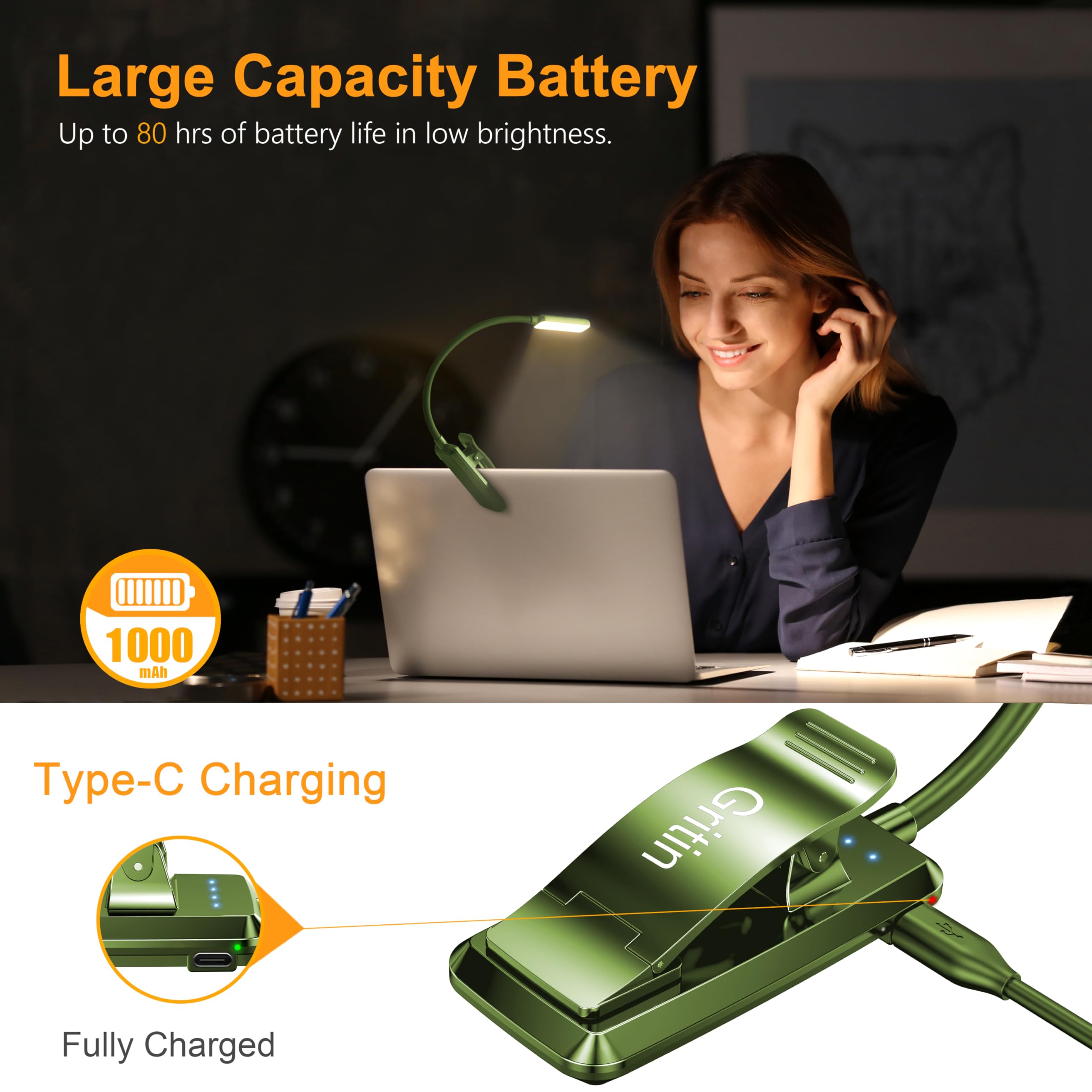 Gritin 9 Led Rechargeable Book Light For Reading In Bed - Eye Caring 3 Color Temperatures,Stepless Dimming Brightness,80 Hrs Run