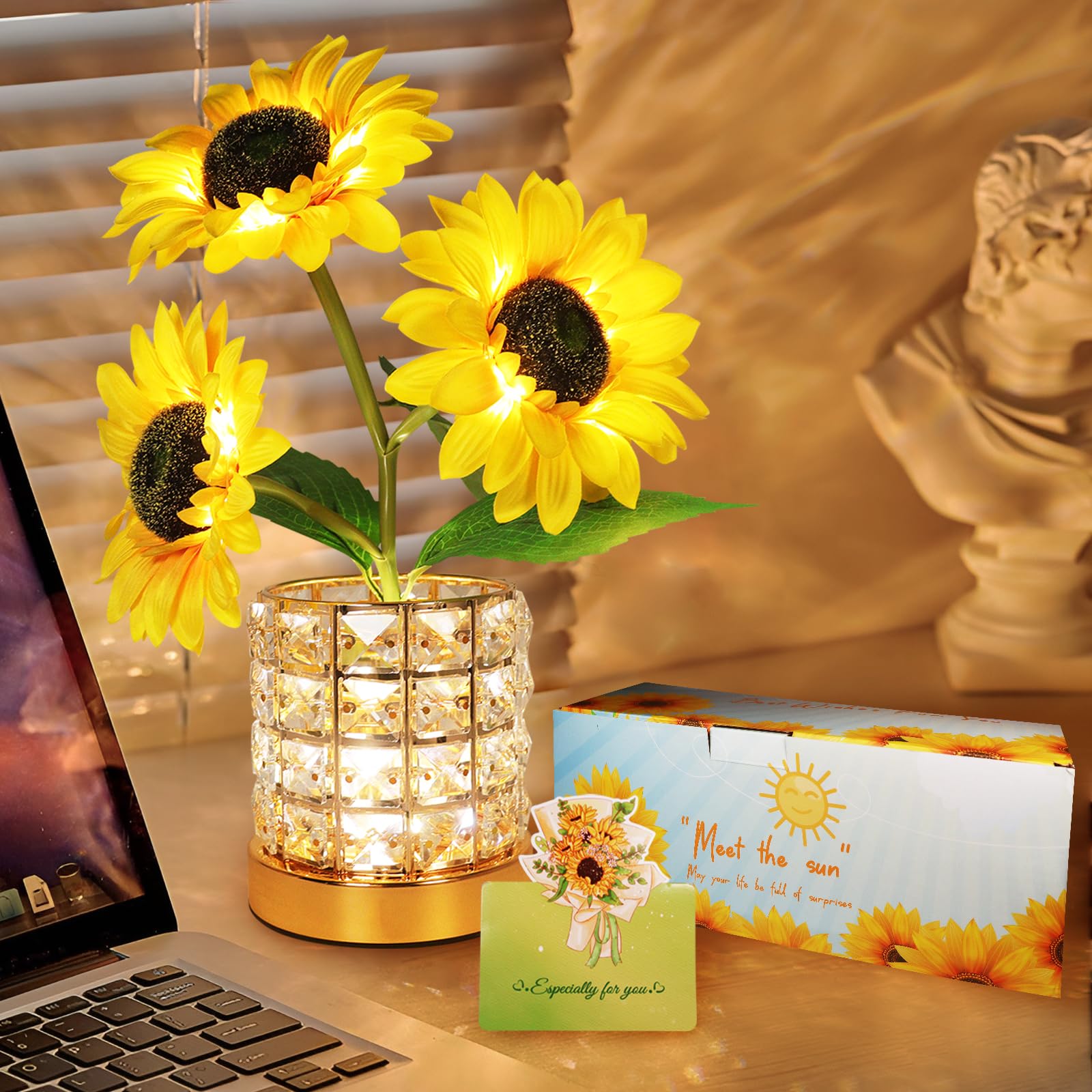 Sunflowers Flower Lamp,LED Touch Dimming Night Light,USB Rechargeable,3 Color Stepless Dimmable,Small Battery Flower Decor for B