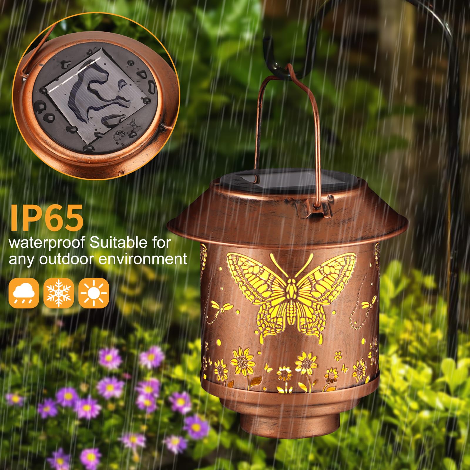 Yamodoor Outdoor Solar Lantern, Metal Butterfly Pattern, 5.5x5.5x5.9 in, Copper, Model MTD-105, Waterproof for Garden and Patio Decor