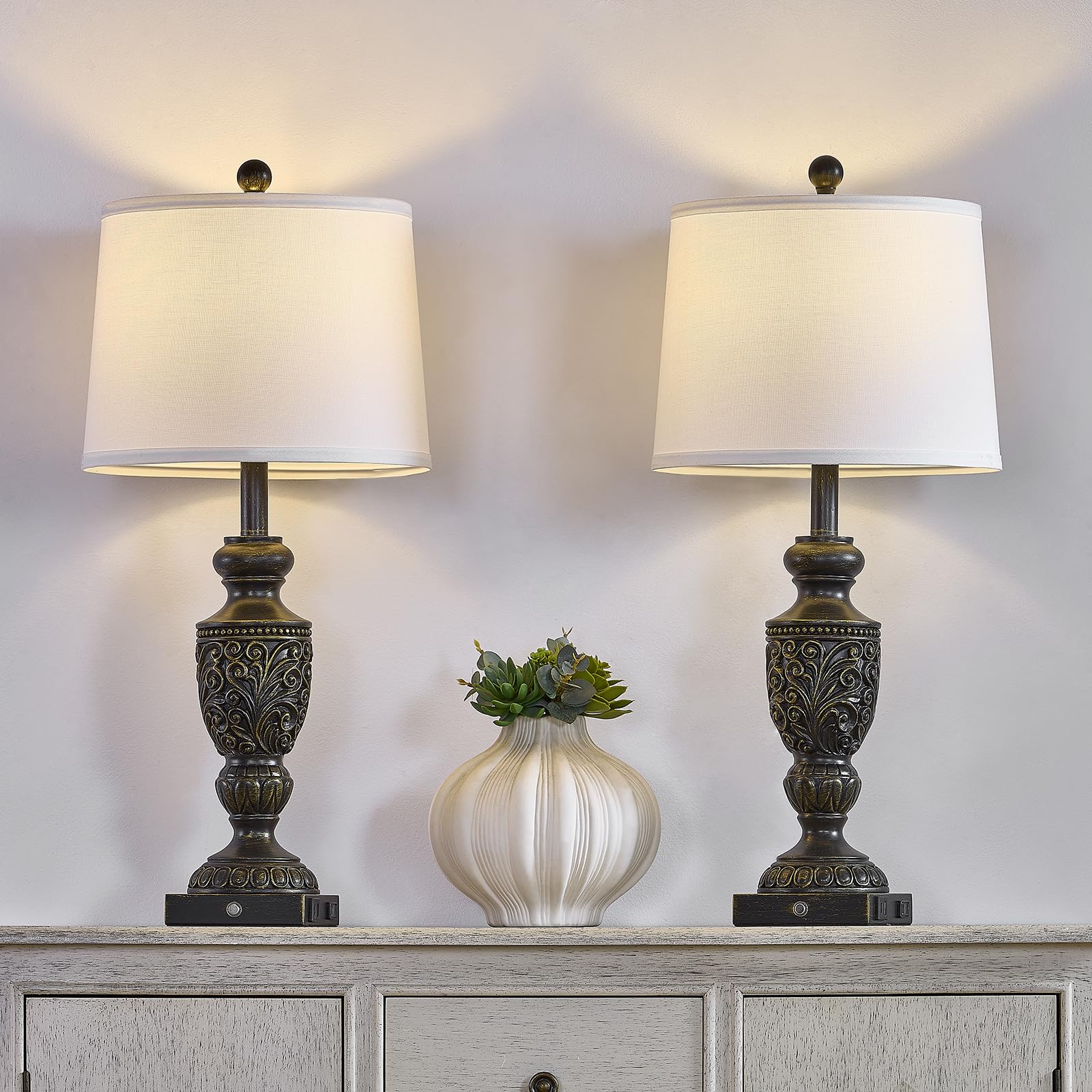 SAIWEYA 26.5in Farmhouse Table Lamp Set of 2, 3-Way Dimmable Touch Control, Vintage Rustic, Blue, Model TM-T05