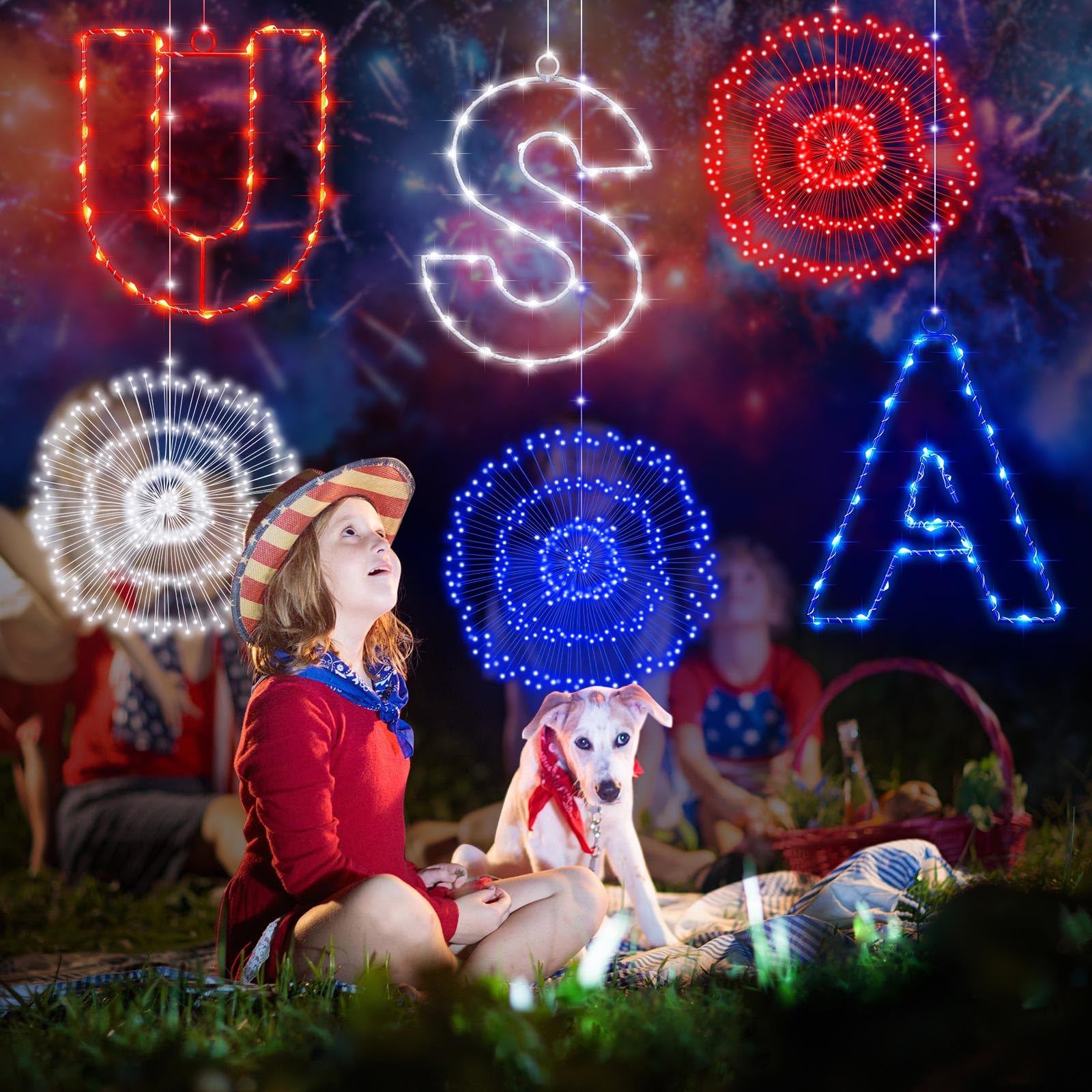 Aurelema 6 Pack 4th of July Decorations Firework Lights Hanging Patriotic Red White and Blue Starburst USA Letter 160 LED Lights