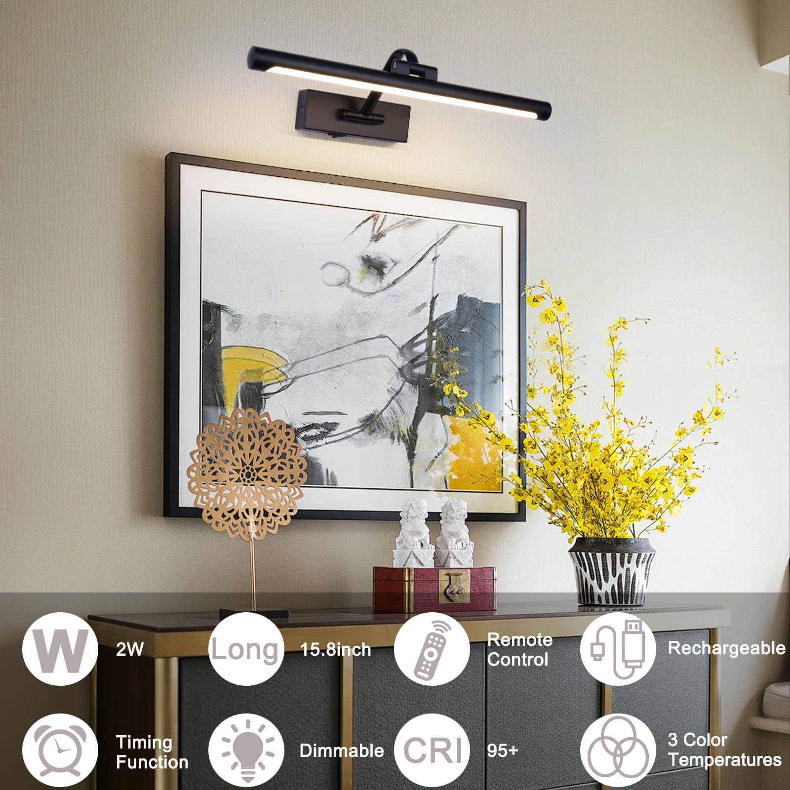 Black Picture Lights Battery Operated 16  Frame Light Rechargeable Gallery Lighting Remote Wireless Art Light For discomfort-reducingting Dimmable Display Lights With Timer Wall Sconce For Portrait Dartboard