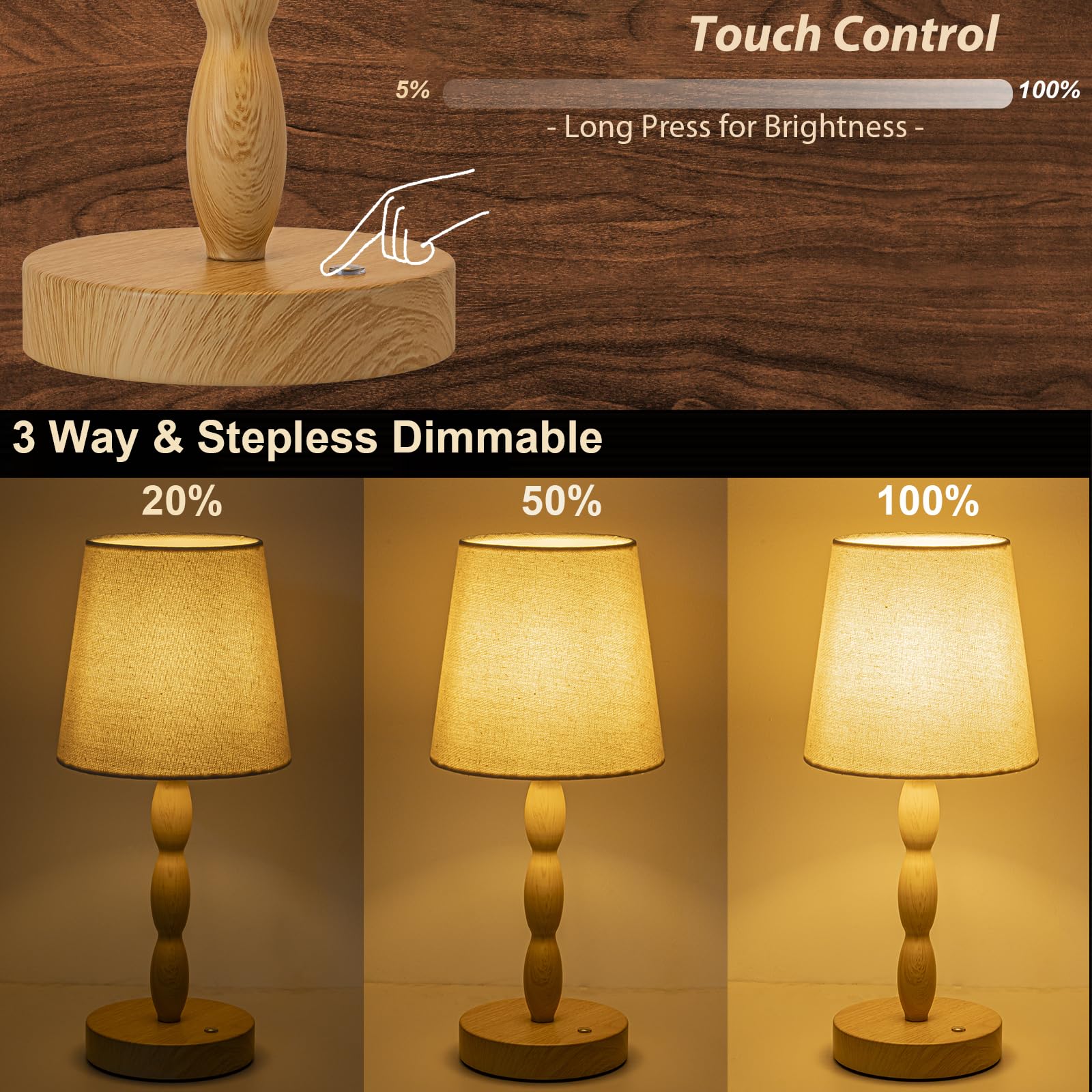 CASTLELIFE Portable Cordless Table Lamp, Touch Control, Rechargeable, 3-Level Brightness, Natural Wood Grain, Model CL8433-YM