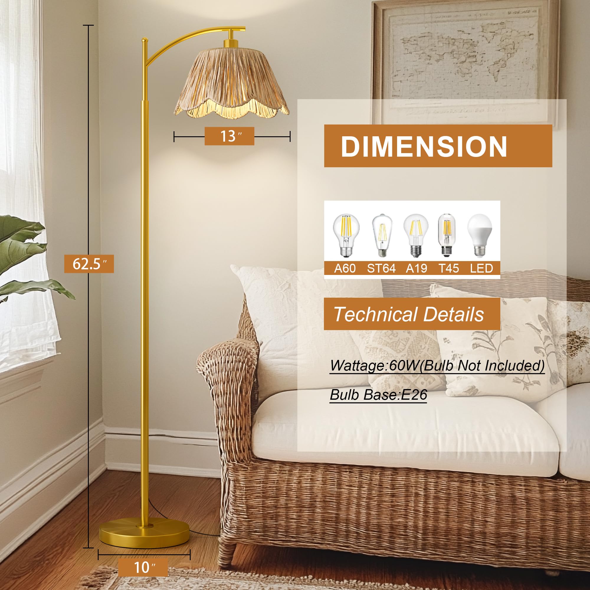 Oneach Arc Floor Lamp - Rattan Boho Design, Gold Metal Base, 62.5" Height, Foot Switch, Ideal for Living Room or Bedroom Corner