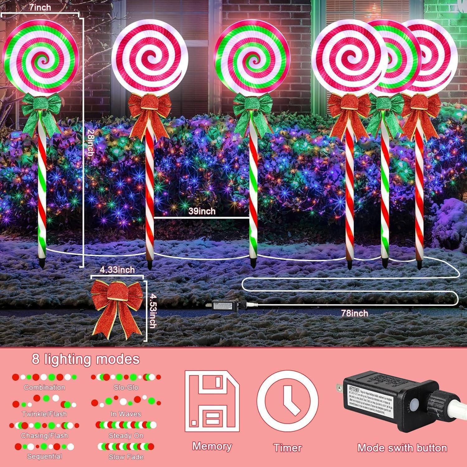 6 Pcs Christmas Pathway Lights Outdoor Decorations, 28 Inch Lollipop Walkway Stake 8 Lighting Modes Flickering Candy Marker Wate