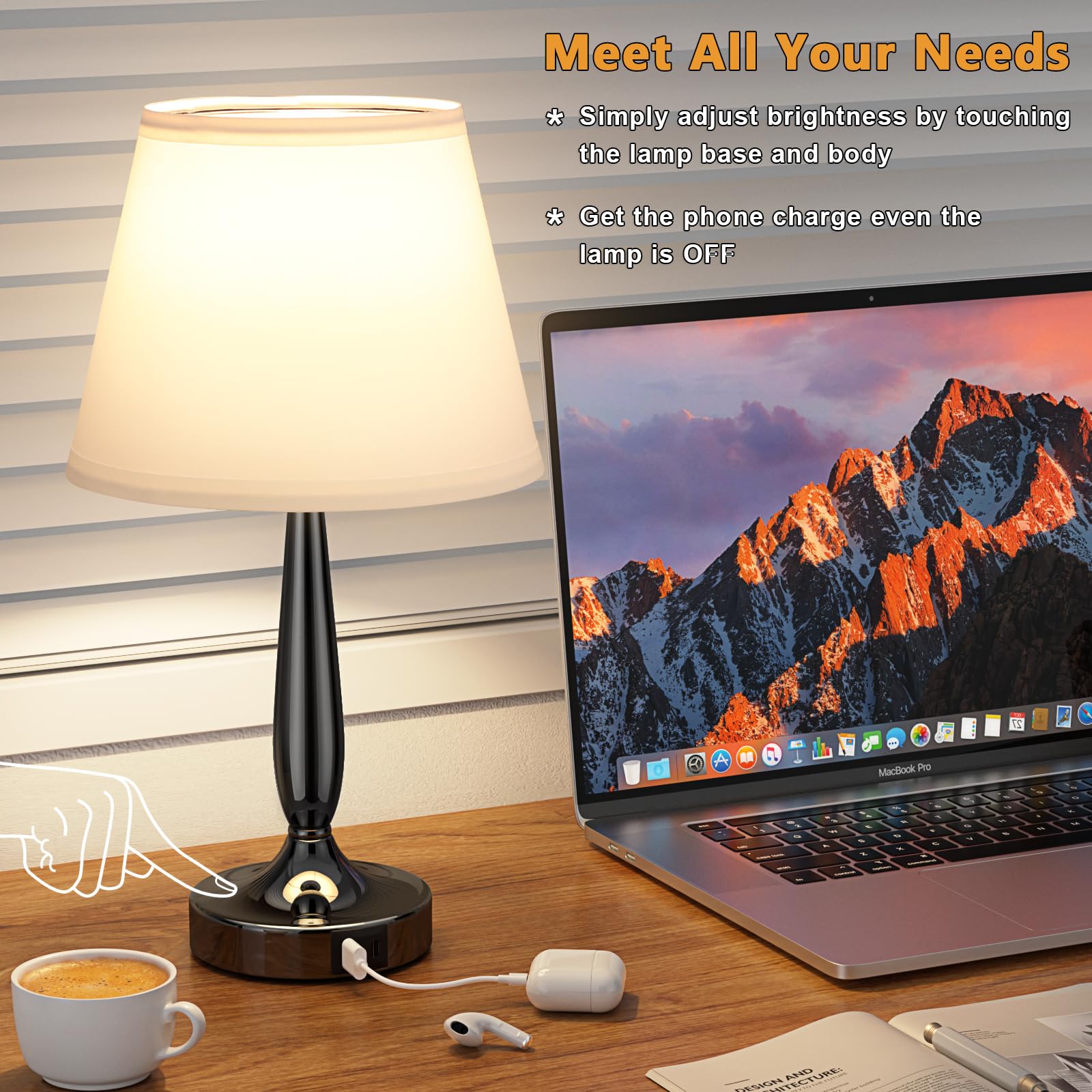 Kakanuo Touch Table Lamp with USB C Port, 3-Way Dimmable, White, Metal, LED Bulb Included