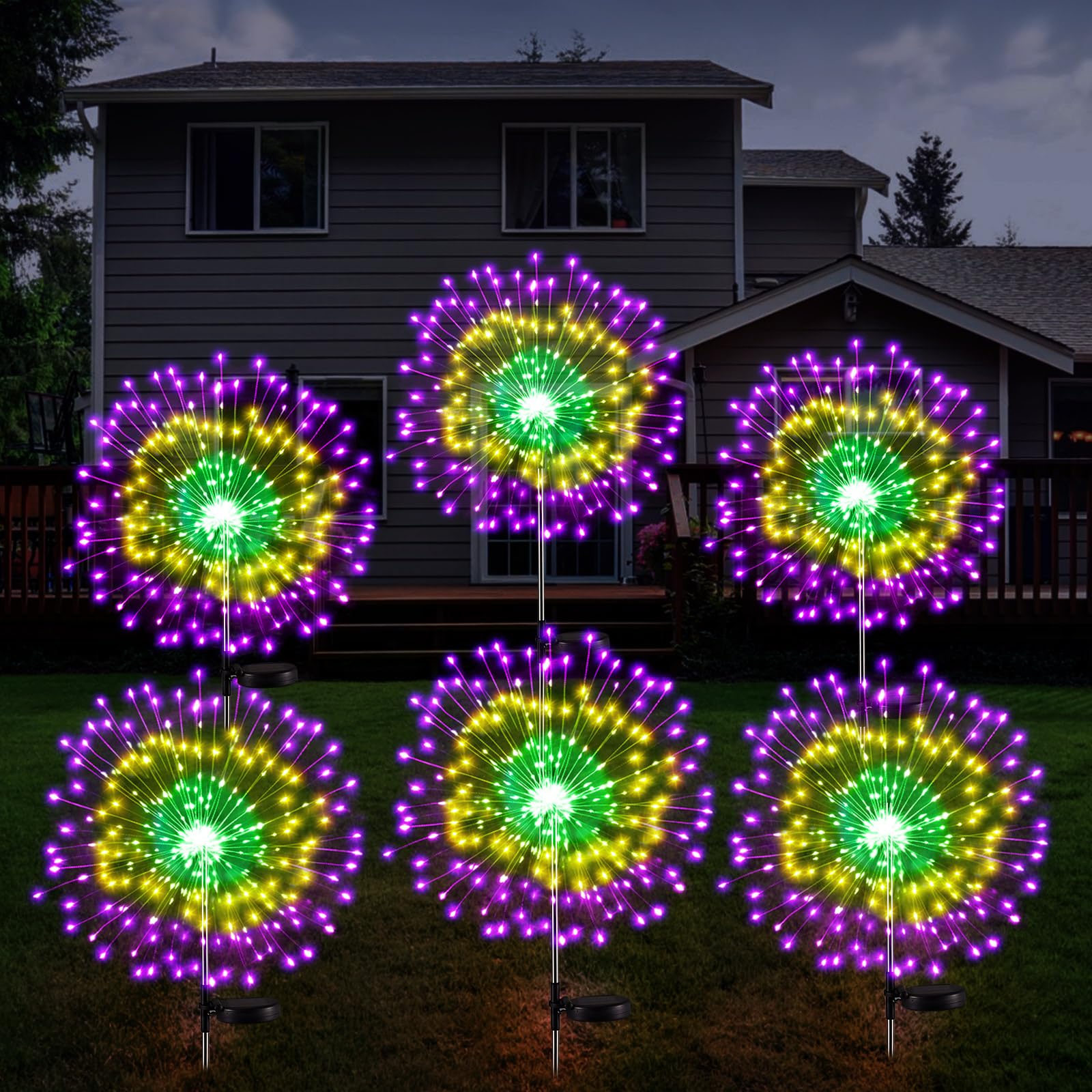 Tujoe 6 Pcs Mardi Gras Solar Firework Lights Solar Lights Outdoor Garden 120 LED 8 Modes Waterproof LED Sparkler Outdoor for Car