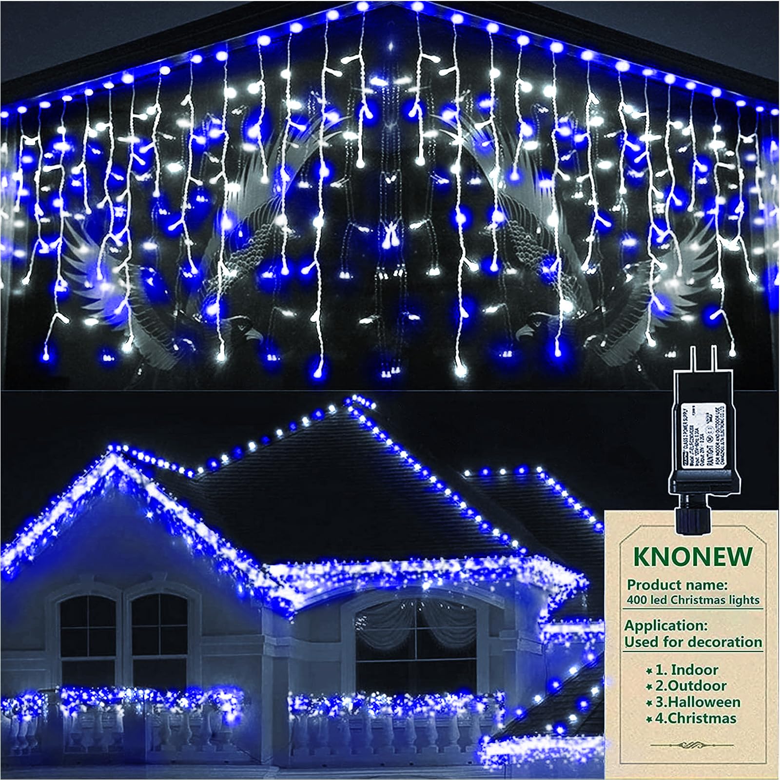 KNONEW LED Curtain Fairy String Lights, 400 LED, 33ft, 8 Modes, Blue and White, Clear Wire, Indoor/Outdoor Decor