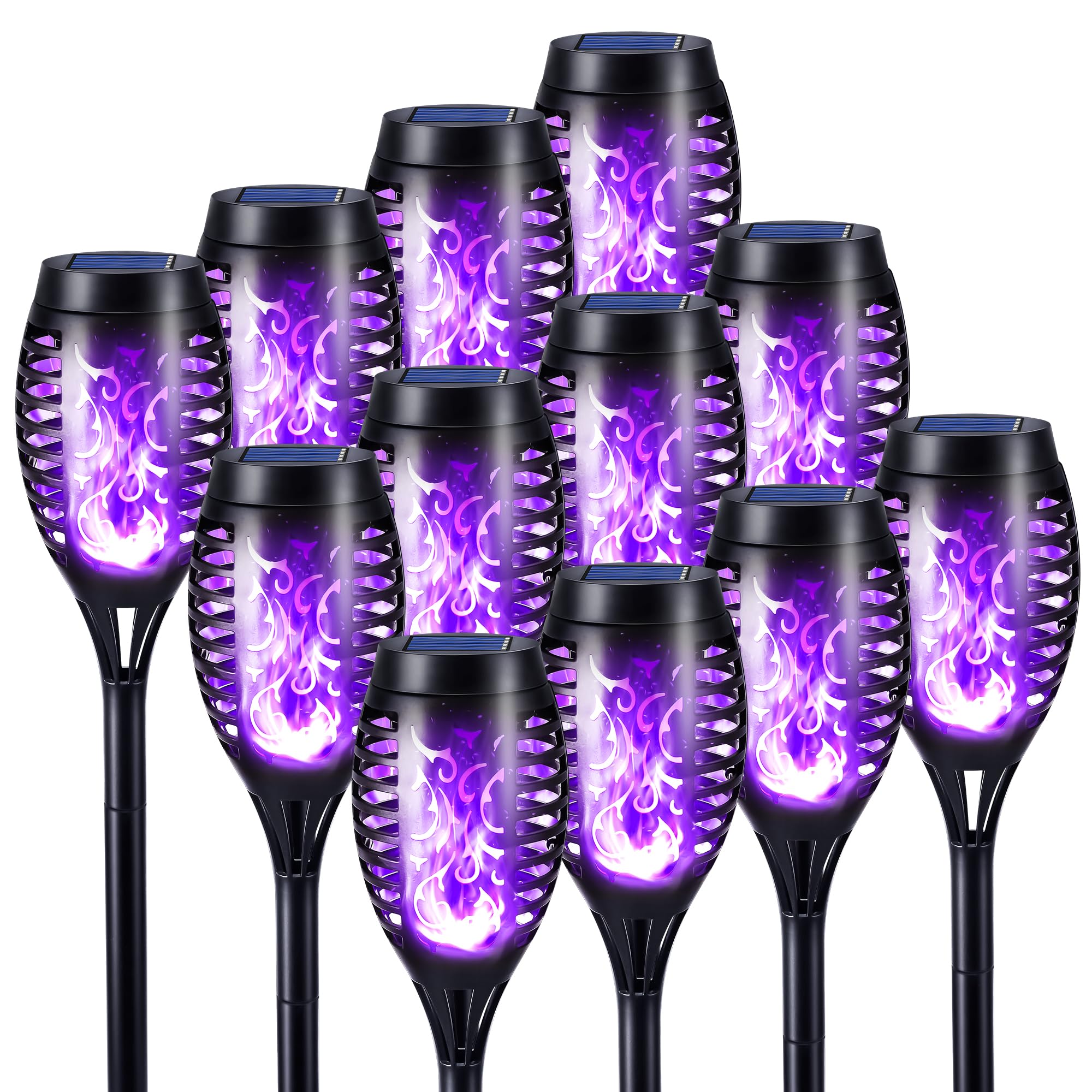 Toodour Purple Solar Halloween Lights Outdoor, 12 Pack Solar Torch Lights with Flickering Flame, Waterproof Outdoor Yard Decorat