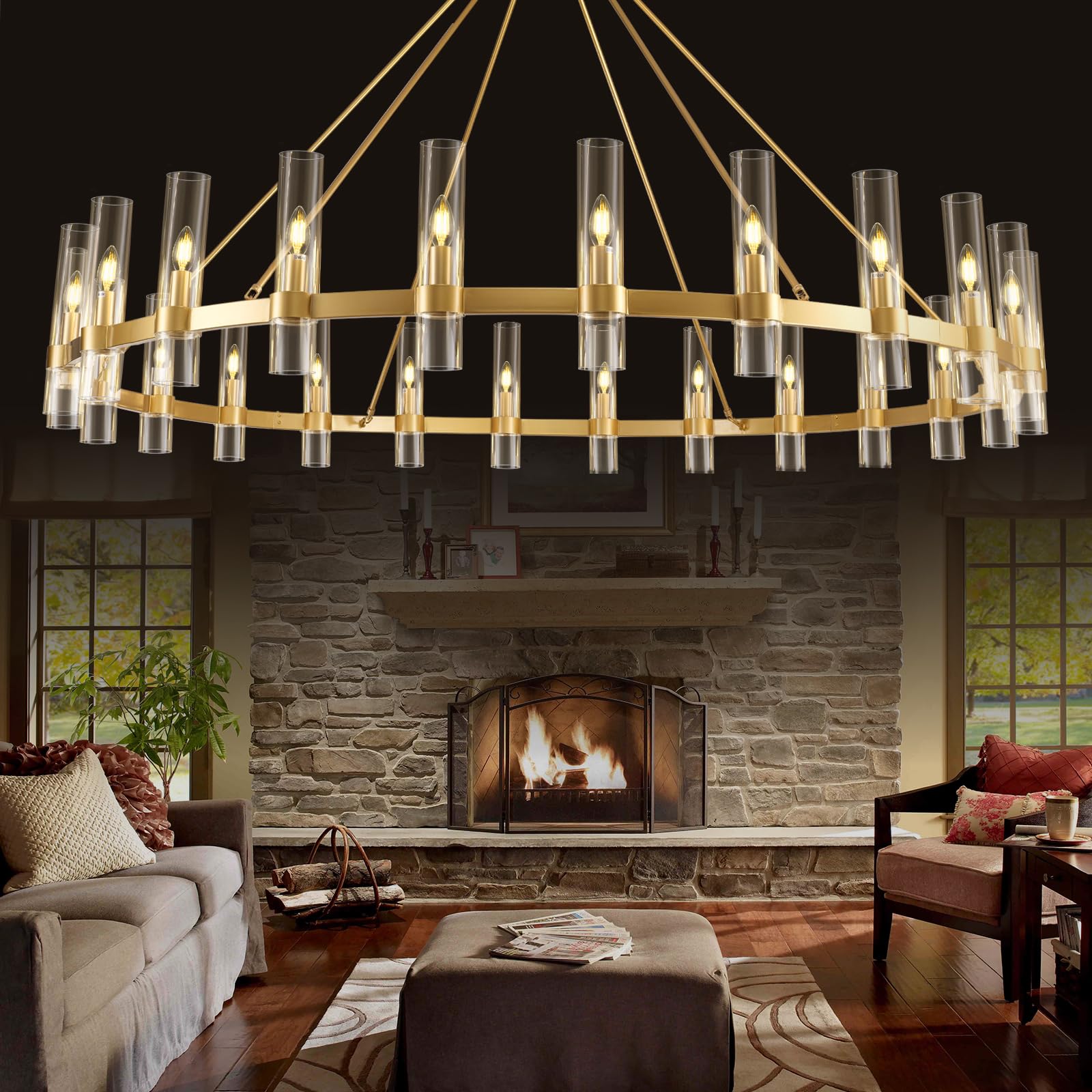 Gold Wagon Wheel Chandelier  70 Inch Chandelier with Glass Shade  24 Light Chandelier for Living Room  Gold Chandelier for High Ceiling  Farmhouse Chandeliers for Dining Room  Entryway  Stairwell