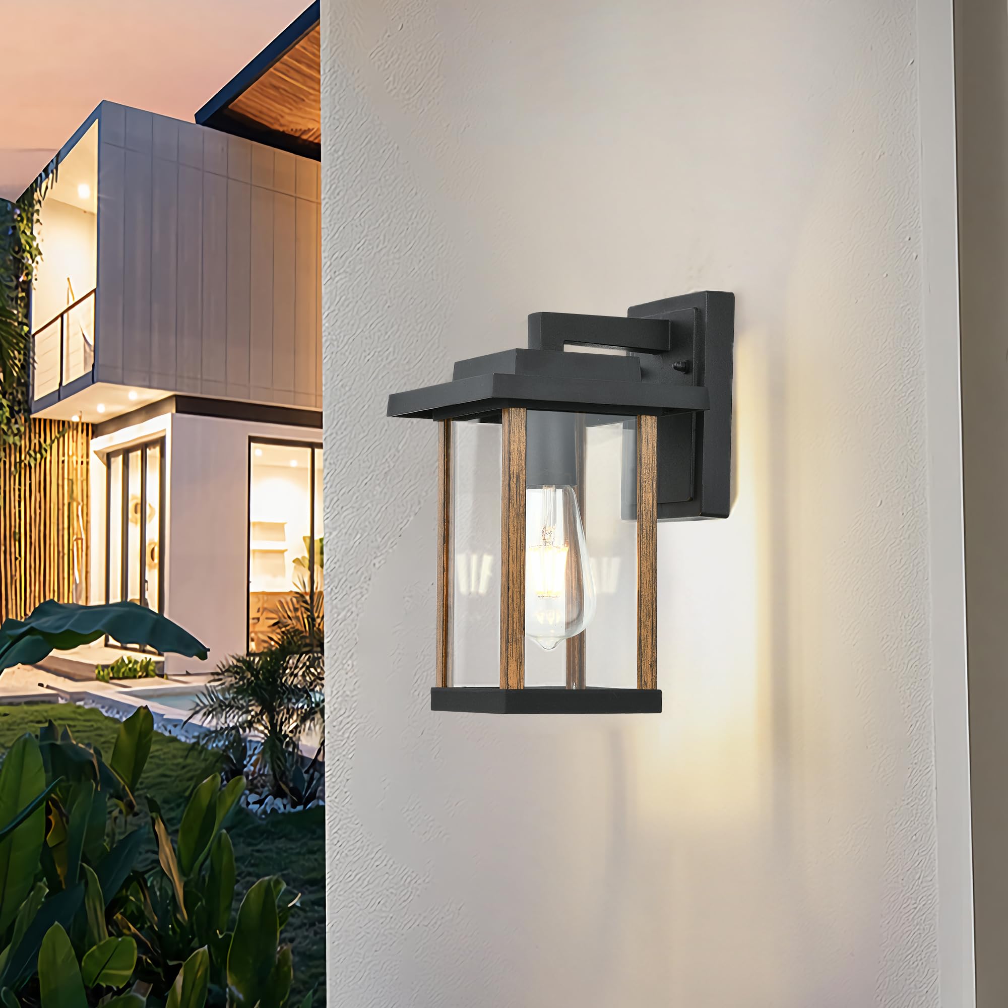 Smeike Outdoor Wall Sconce, Aluminum Porch Light, Anti-Rust, Wood Grain & Black Finish, Model A275-3