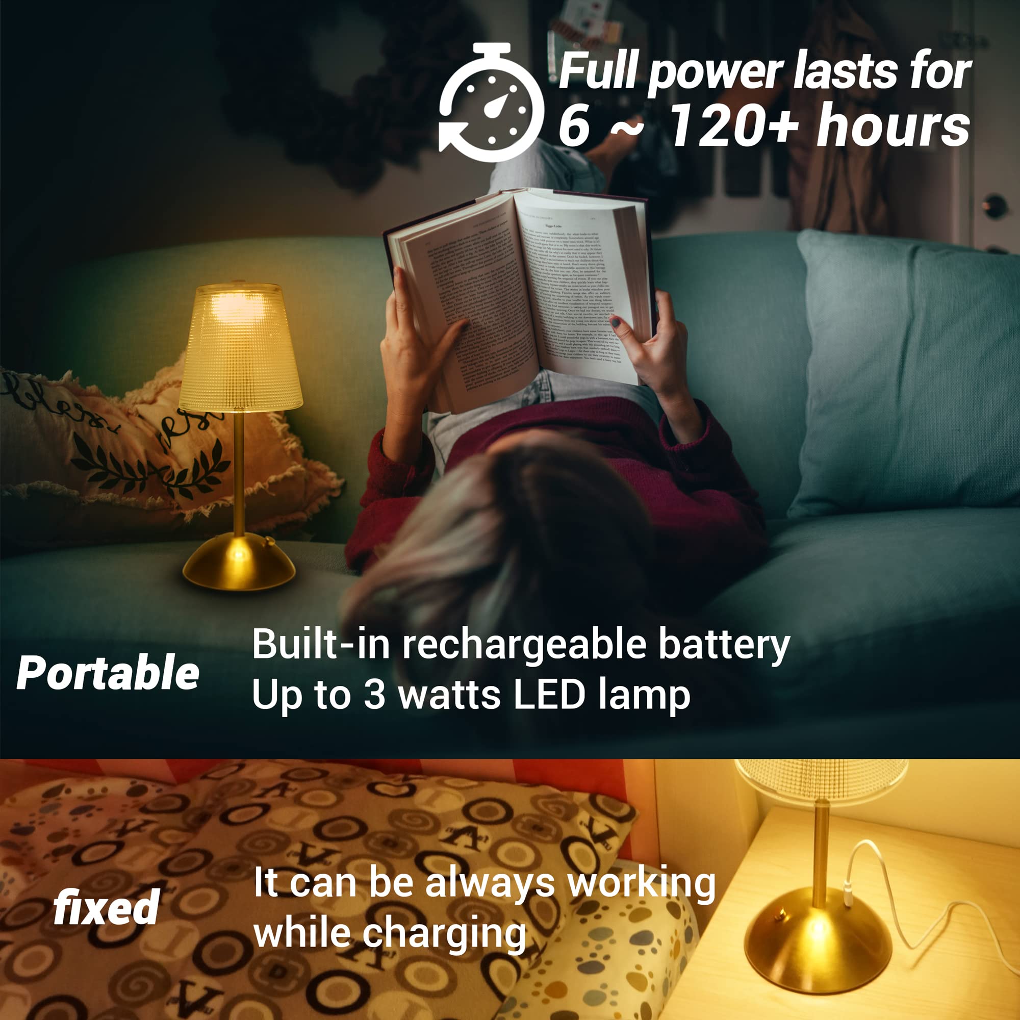 Amingulry Cordless Table Lamp, Rechargeable LED Touch Lamp, 3 Color Modes, Stepless Dimming, Gold Retro, Small Size