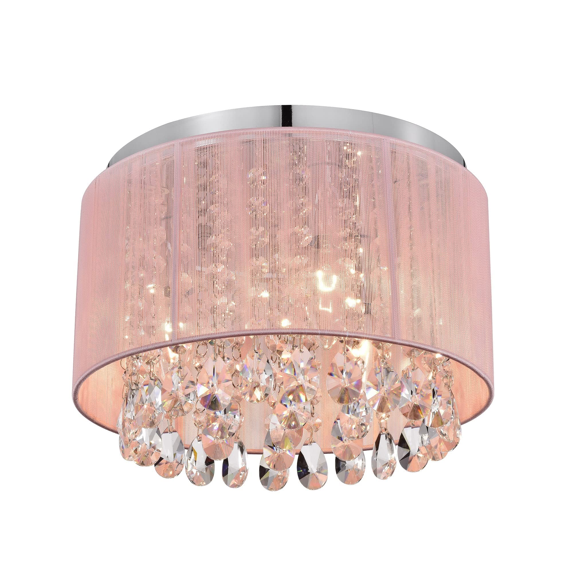 Lalula Pink Chandelier Drum Flush Mount Light Fixture - 3-Light 11 Round Crystal Ceiling Light For Girls Bedroom
