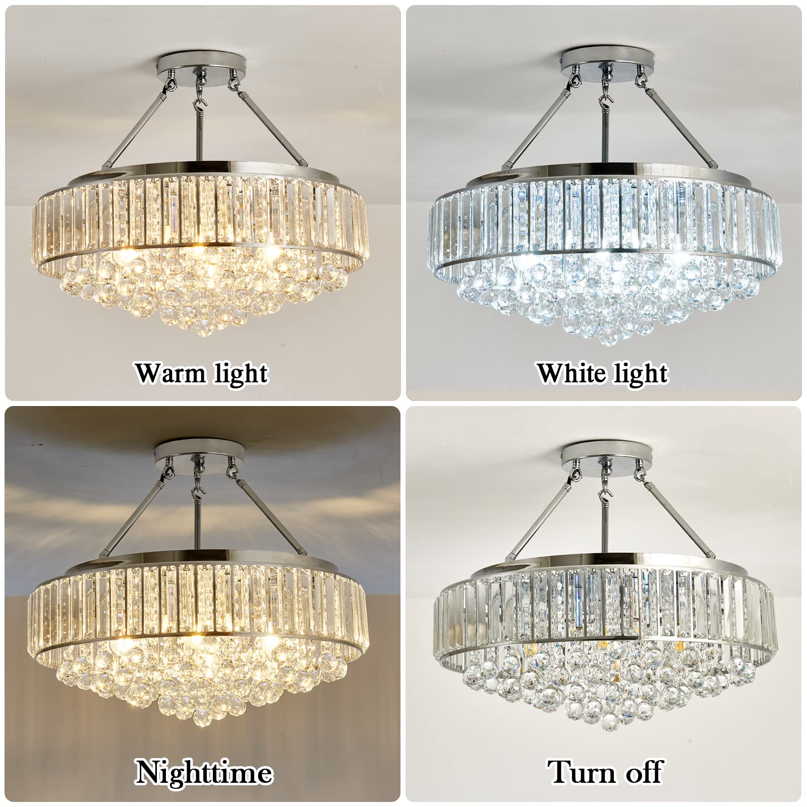 Yyjlx 6-Light Modern Round Crystal Chandelier, Chrome Semi Flush Mount Ceiling Light, Silver