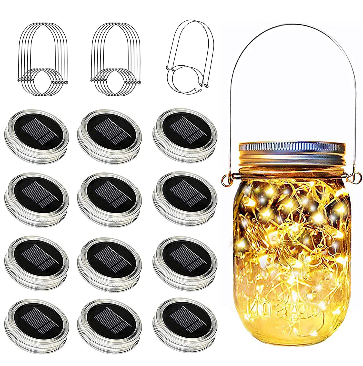 yeuago Solar Mason Jar Lid Lights 12 Pack 30 LED Firefly Fairy String Lights, Waterproof Outdoor Solar Lights with Hangers for R