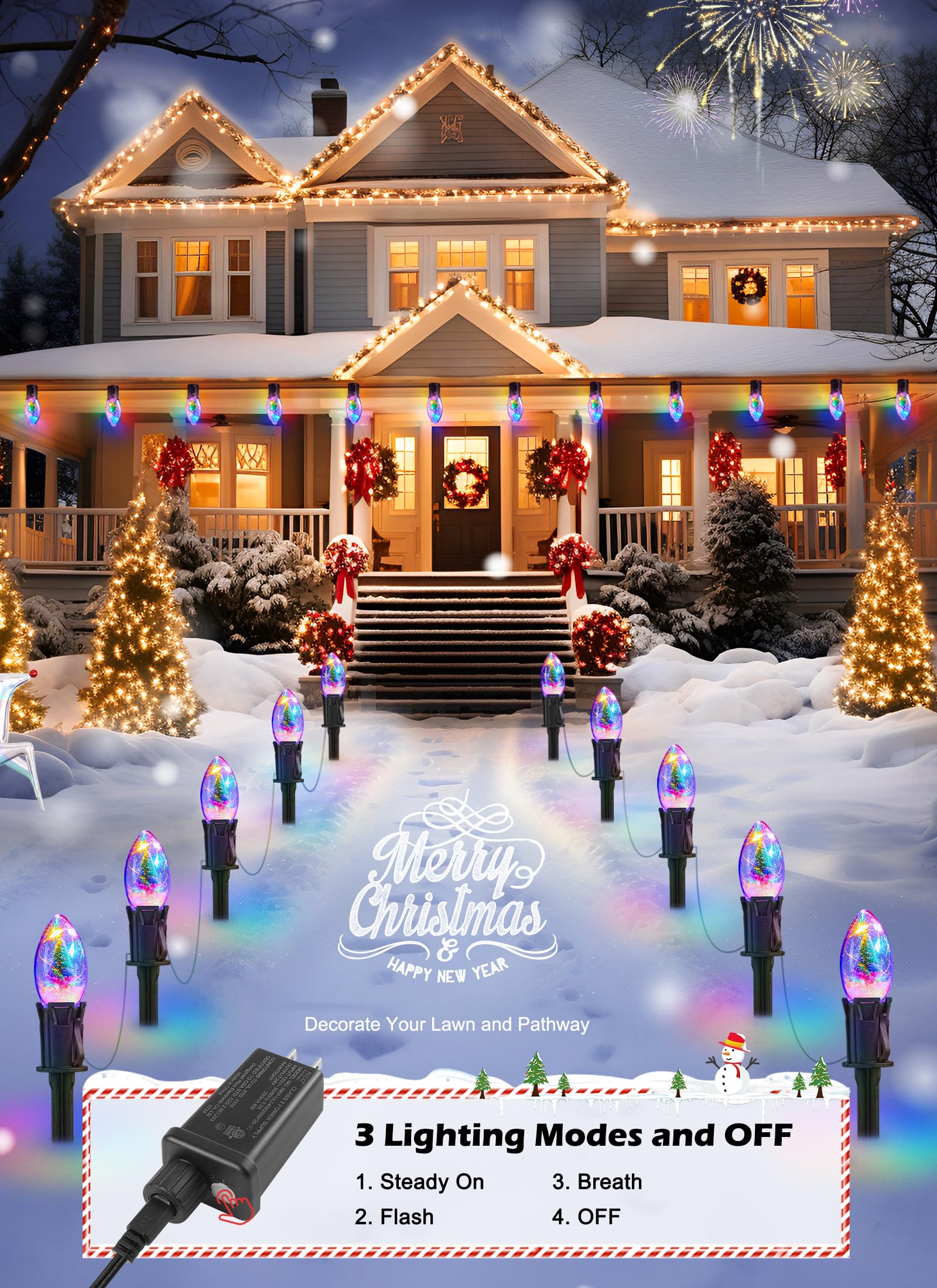 C9 Christmas Pathway Lights Outdoor, 45Ft 40 Led Christmas String Lights With Stakes, 4 Light Modes, Waterproof Connectable Chri
