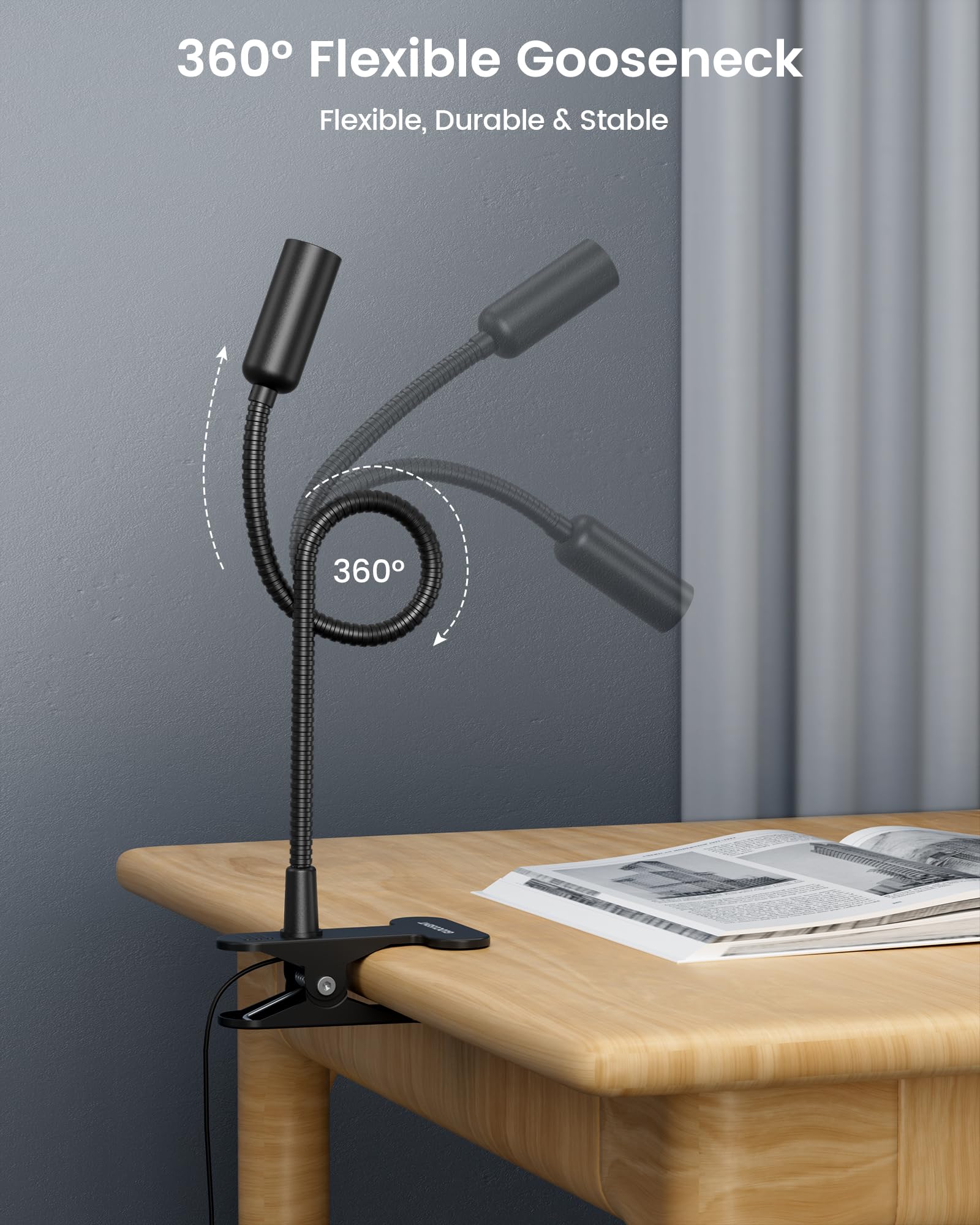 Glocusent Clip On Lamp, Eye Caring Reading Lamp, 10 Brightness Levels From 20 To 180 Lm Clip On Light, Usb Light With Flexible G