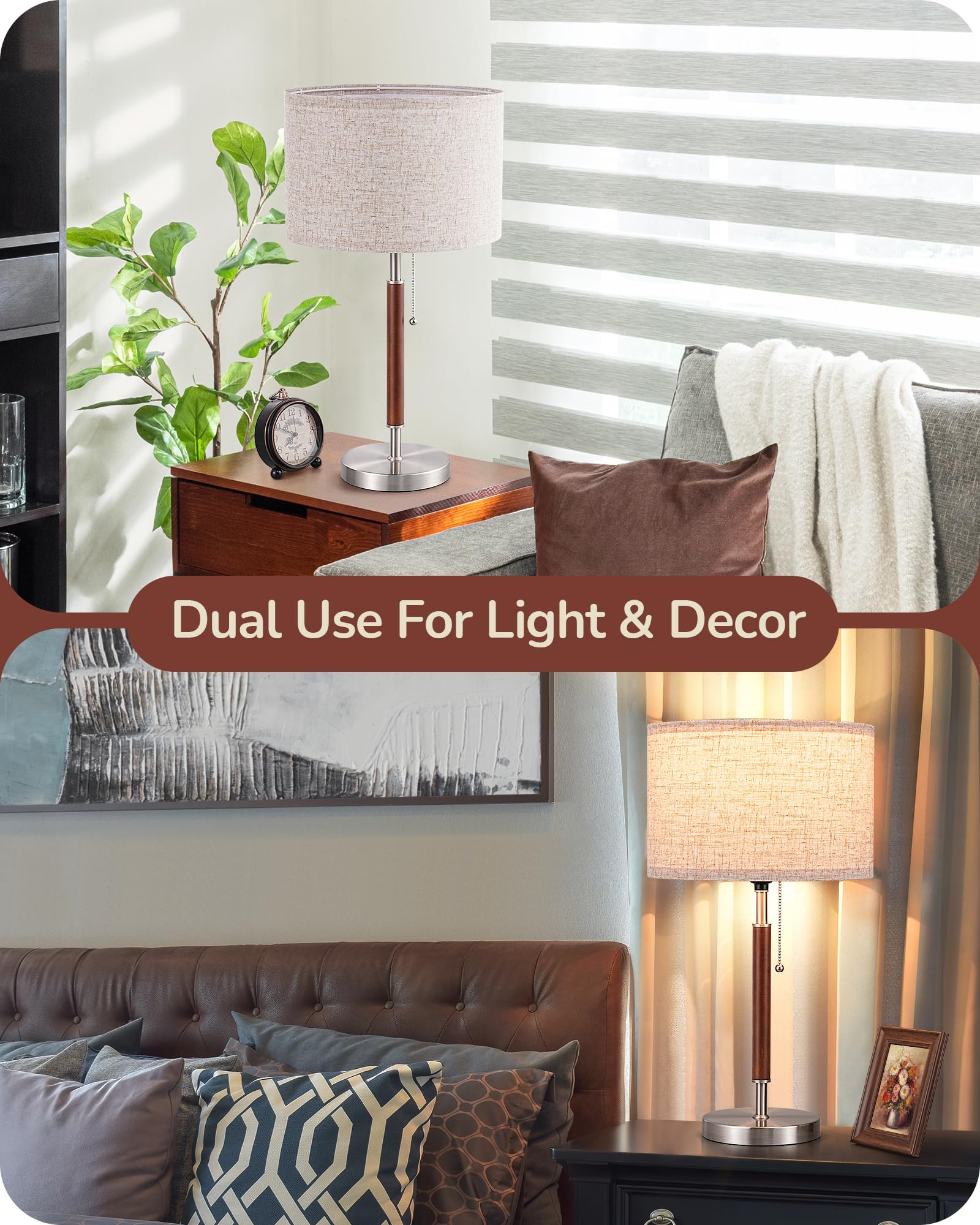 EDISHINE Mid Century Table Lamp, Solid Wood & Metal, Beige Linen Shade, E26 Base, Silver Finish