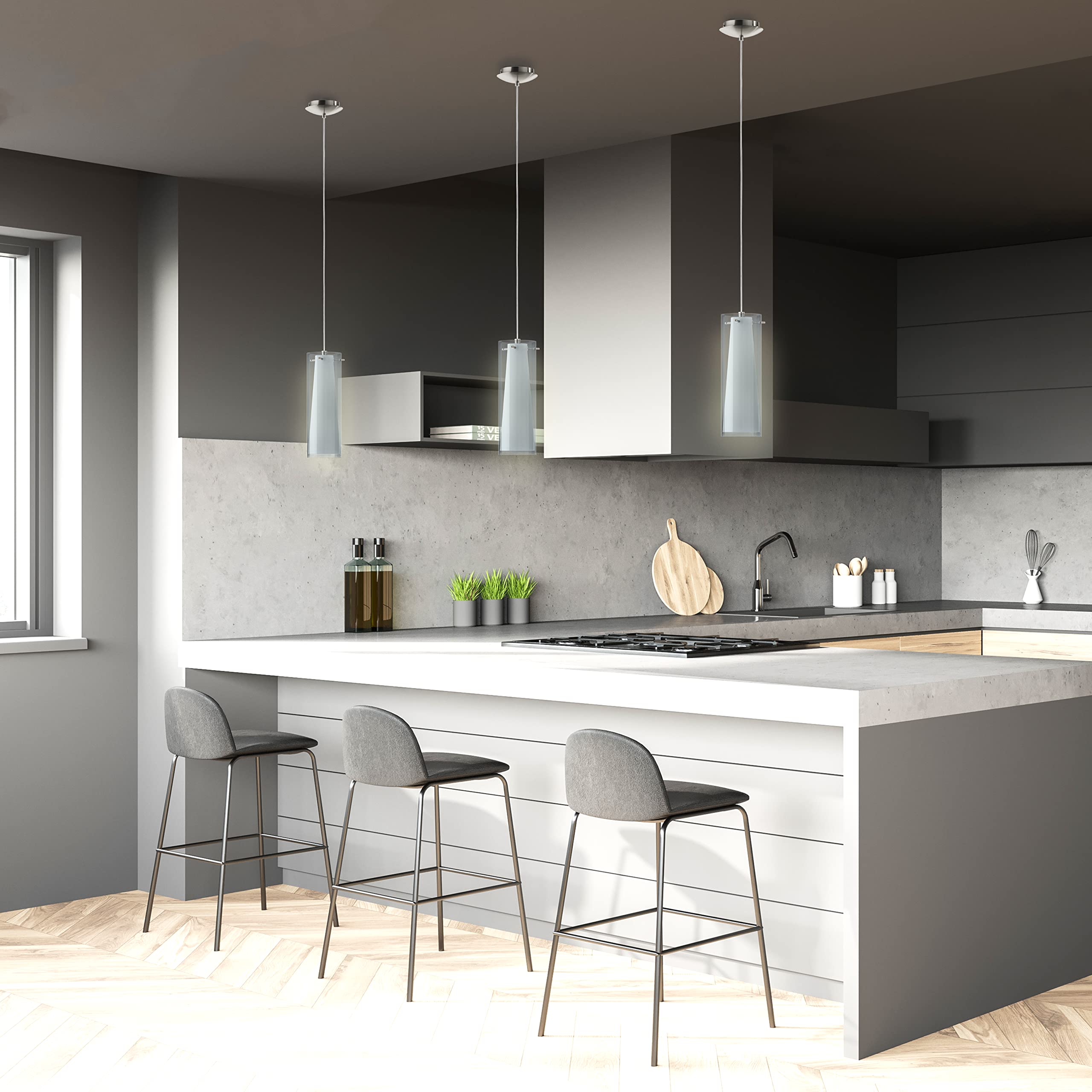 Eglo Pinto Nero 1-Light Pendant Dimmable Led Hanging Lighting Fixture For Kitchen Island, Hallway, And Dining Room, Matte Nickel