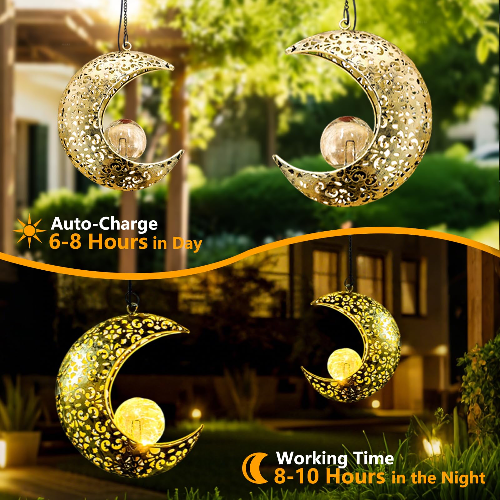 Qcf Solar Garden Hanging Moon Lights Outdoor Decor 2 Pack Metal Lanterns Art Decorations For Outside Yard Lawn Patio Wall Fences Driveway Trail Unique Housewarming Gardening Gifts For Women Mom