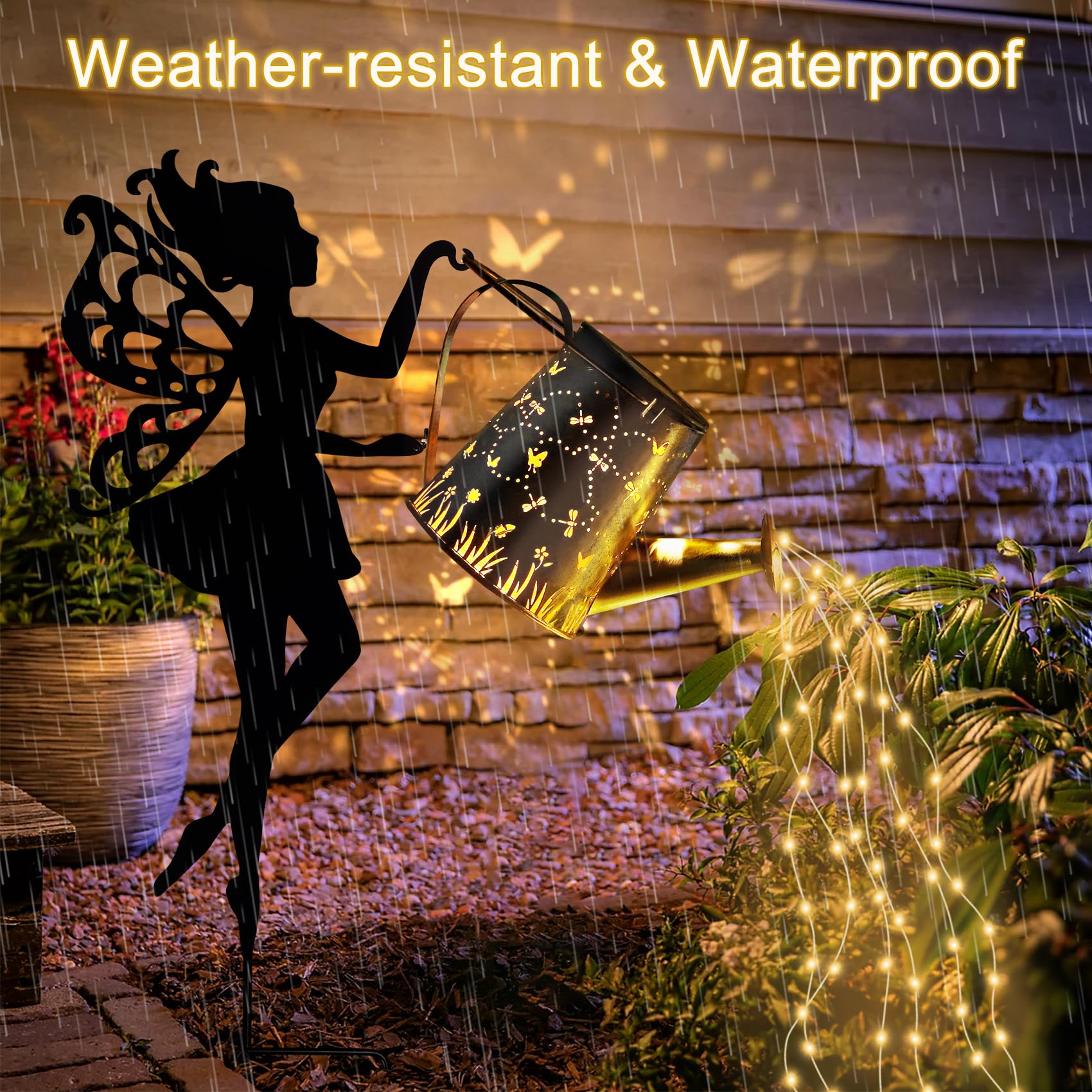 Ouddy Decor Fairy Garden Decor With Solar Watering Can, Metal Statues With Hanging Lanterns Waterfall Lights Silhouette Waterpro