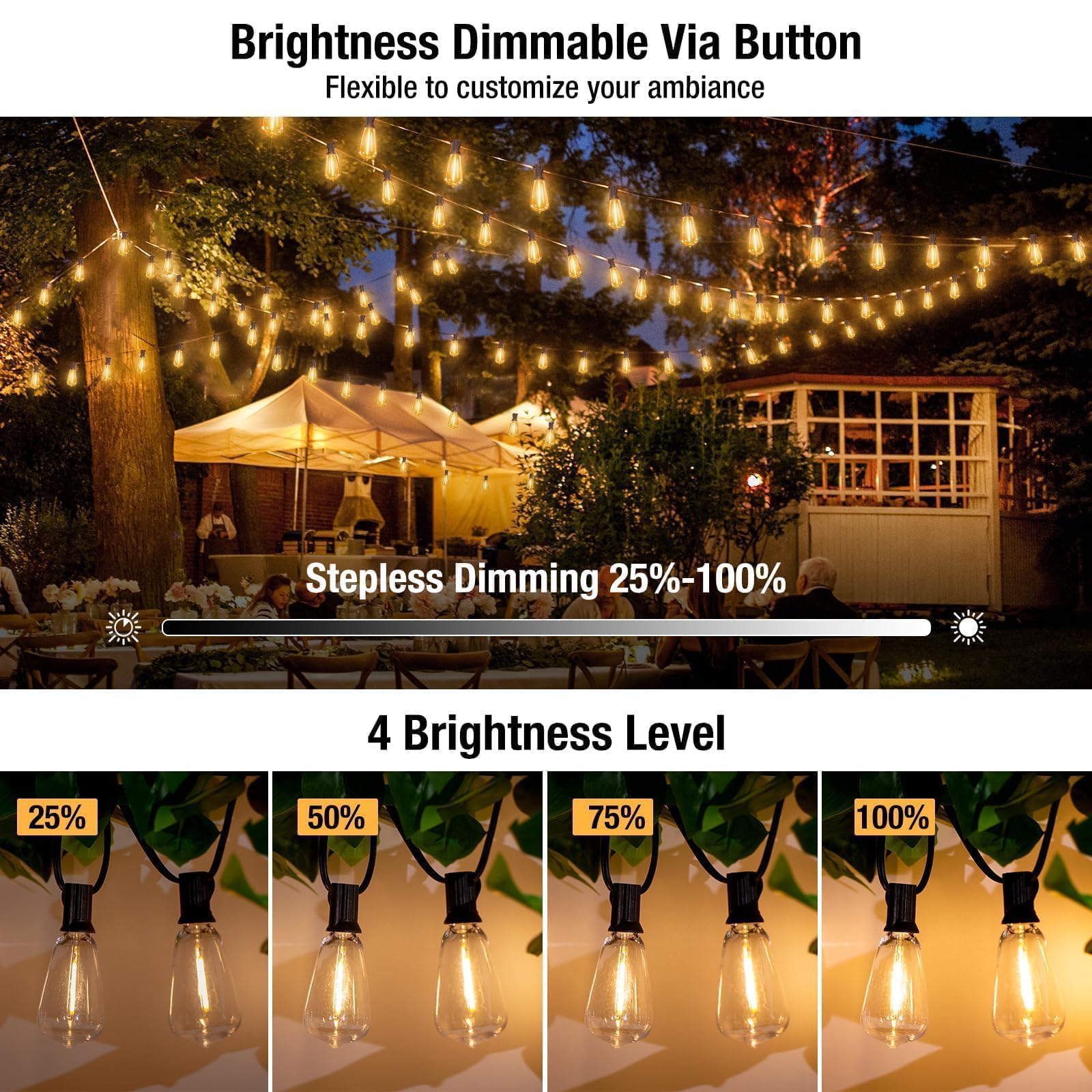 litogo LED Outdoor String Lights, 120FT, Warm White, Waterproof with Dimmer and Timer, Vintage Edison Bulbs, Model LTO38-116-1