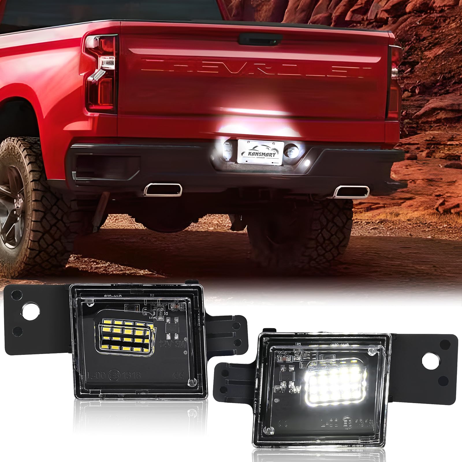 KanSmart LED License Plate Light Assembly for 2014-2022 Chevy Silverado & GMC Sierra, Clear, 6000K White