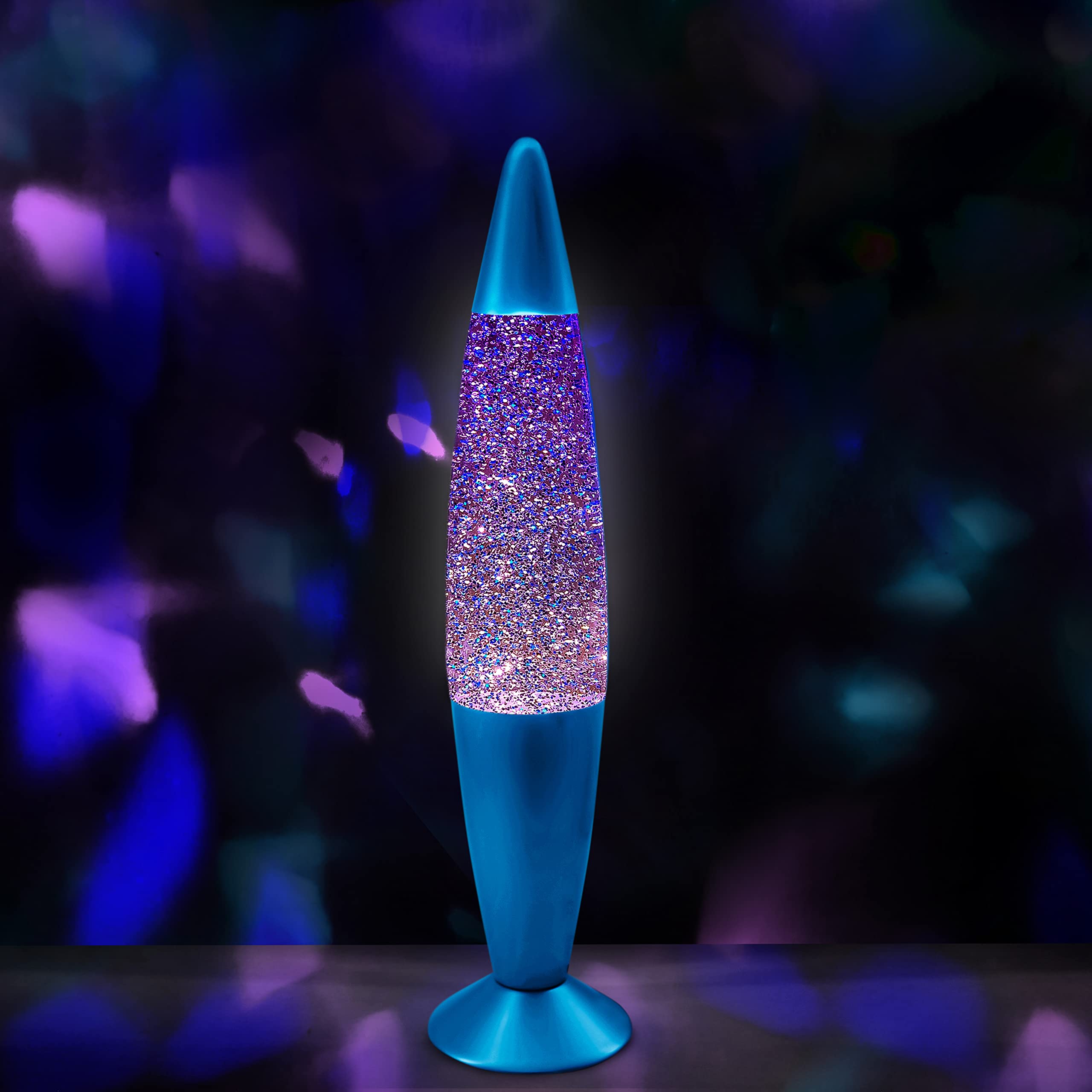 Jambo 16-Inch Glitter Lamp - Blue Base, Colored Glass, Blue and Silver Glitter Night Light for mature-themeds, Teens, Kids