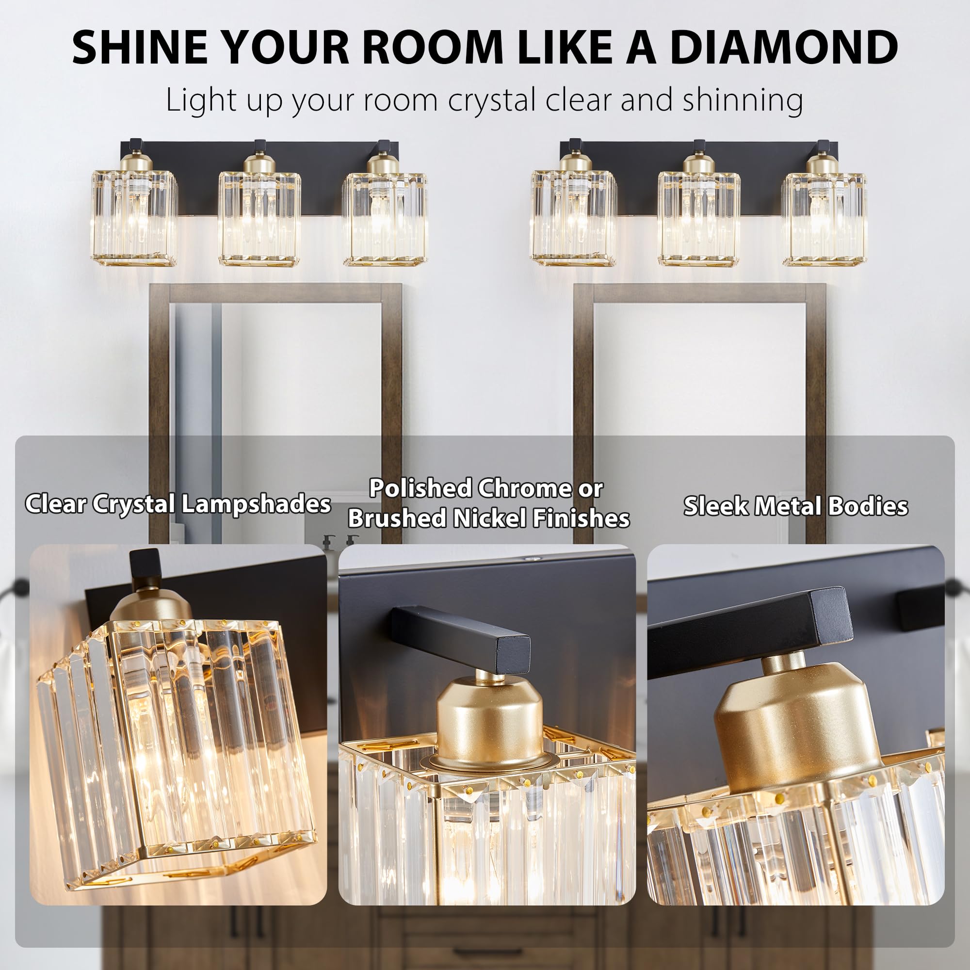 DIAMONDFORGE Bathroom Vanity Light - 3-Light Metal Fixture, Black Gold, Modern Design for Mirror, Bath, Desk, Hallway - Model WSCSSBGZL1-1