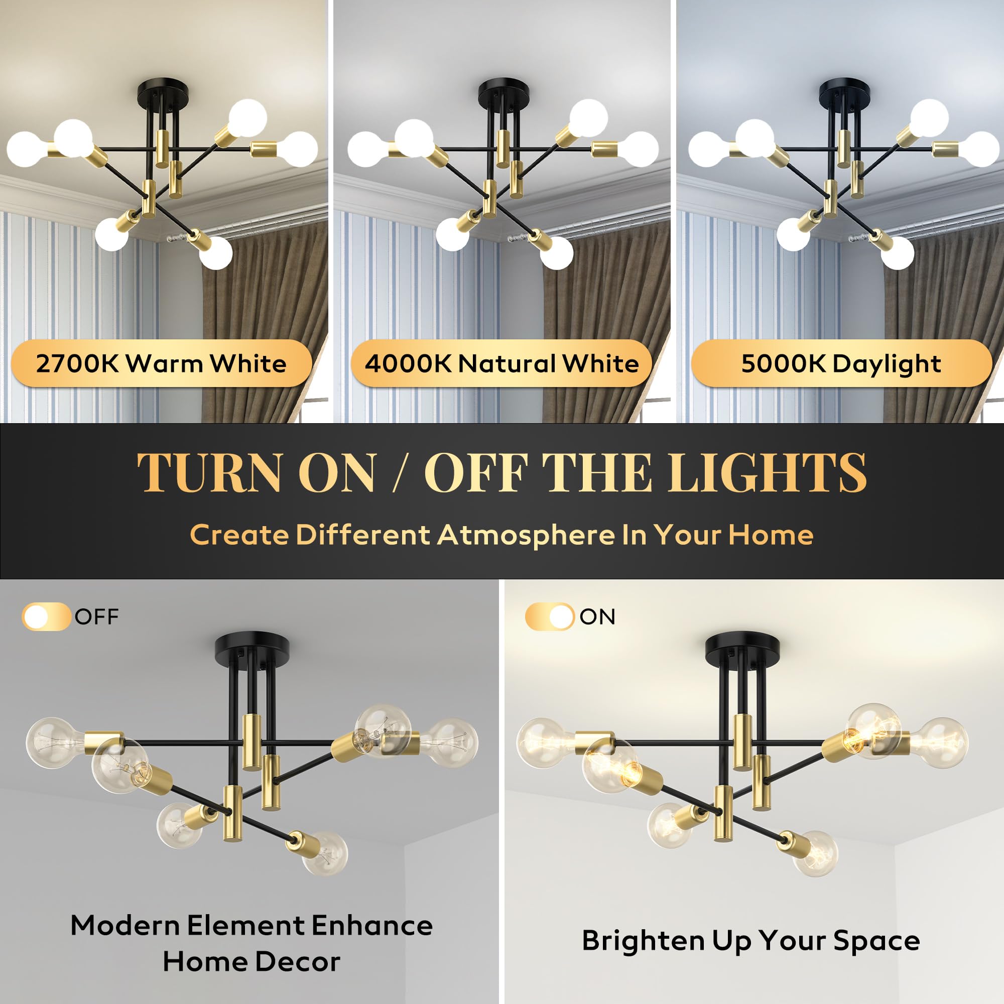 Phaosio Modern Sputnik Chandelier Ceiling Light Fixtures, 6-Lights Mid Century Industrial Metal Semi Flush Mount Lamp For Bedroo