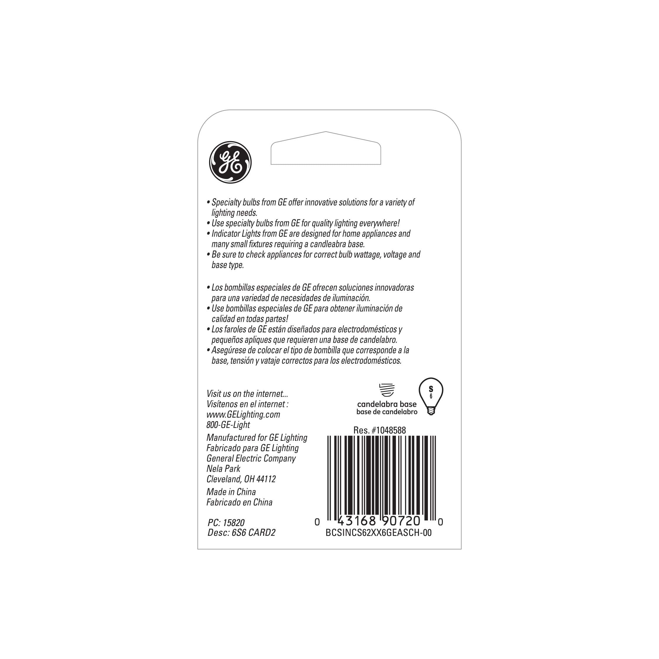 GE Incandescent Light Bulb, S6, 6-Watt, Candelabra Base, Soft White, 2-Pack, Clear Bulbs