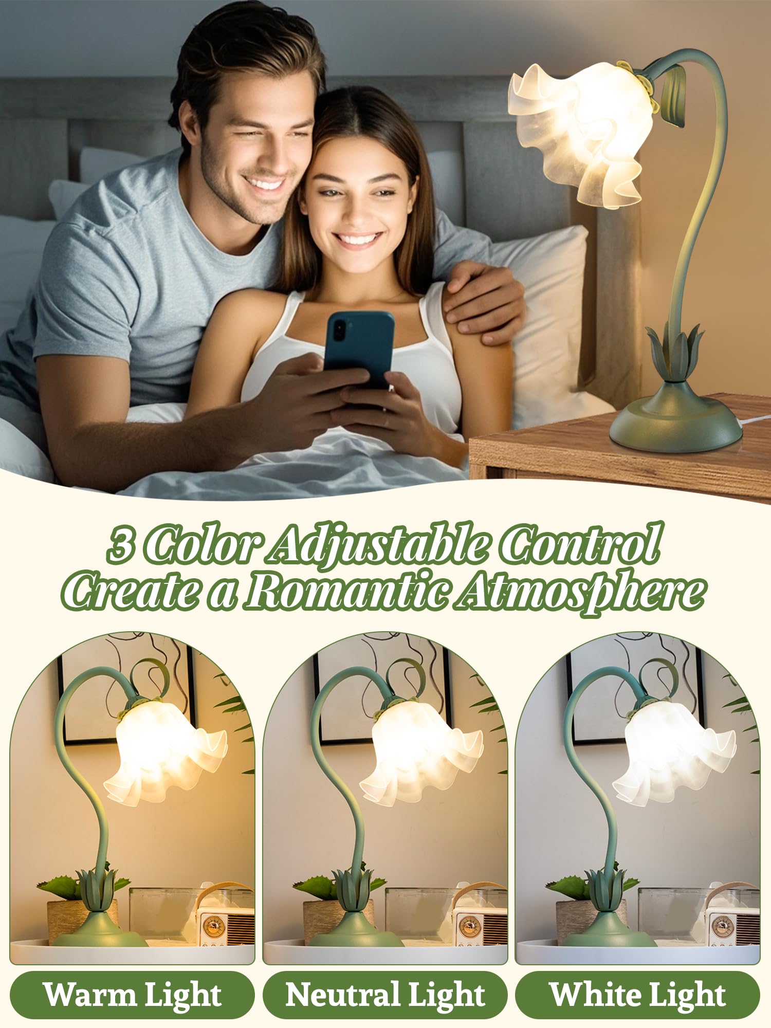 WULCFCH Flower Table Lamp LED Reading Light, Vintage Design, Acrylic, Green, Model huadeng-1, Cute Small Nightstand Lamp for Home Decor