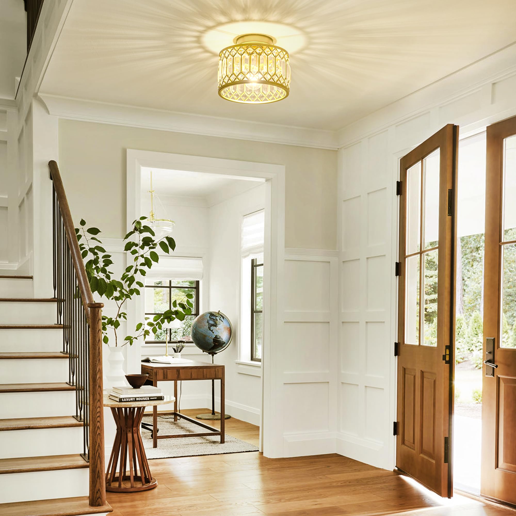 Rpzloila Crystal Ceiling Light, Modern Semi Flush Mount Ceiling Light, Gold Crystal Chandelier For Kitchen Bedroom Bathroom Entr