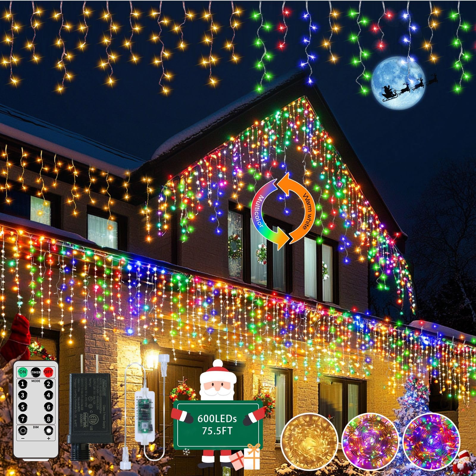 Icicle Christmas Lights for Outdoor, 75ft 600 LED 8 Modes LED Icicle Twinkle Lights, Plug-in Icicle Lights Warm Multicolor 2in1 