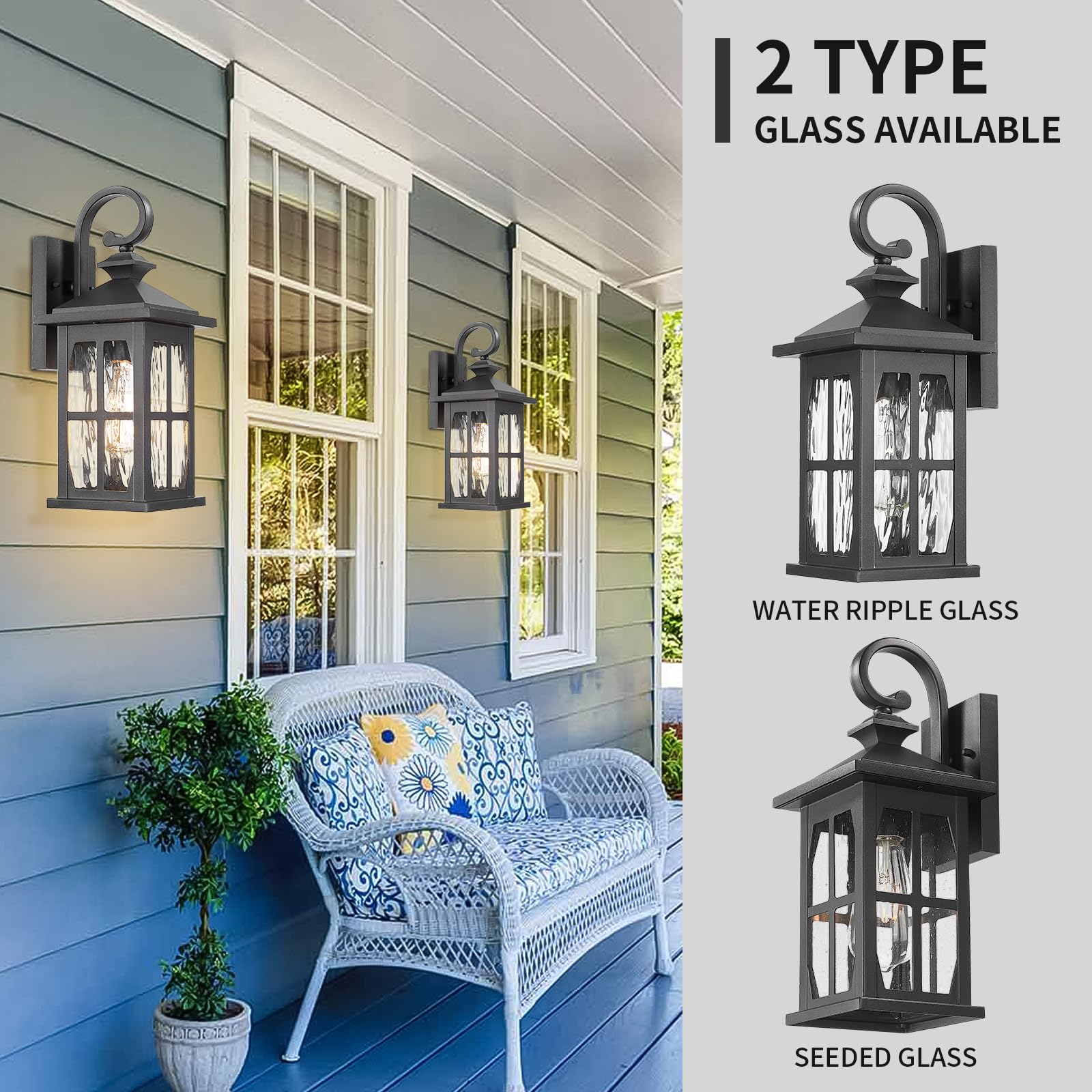 Darkaway Outdoor Wall Lights, 2-Pack Medium, Water Ripple Glass, Black Aluminum, Model 6D11B, Ideal for Porch, Hallway, Garage, Front Door