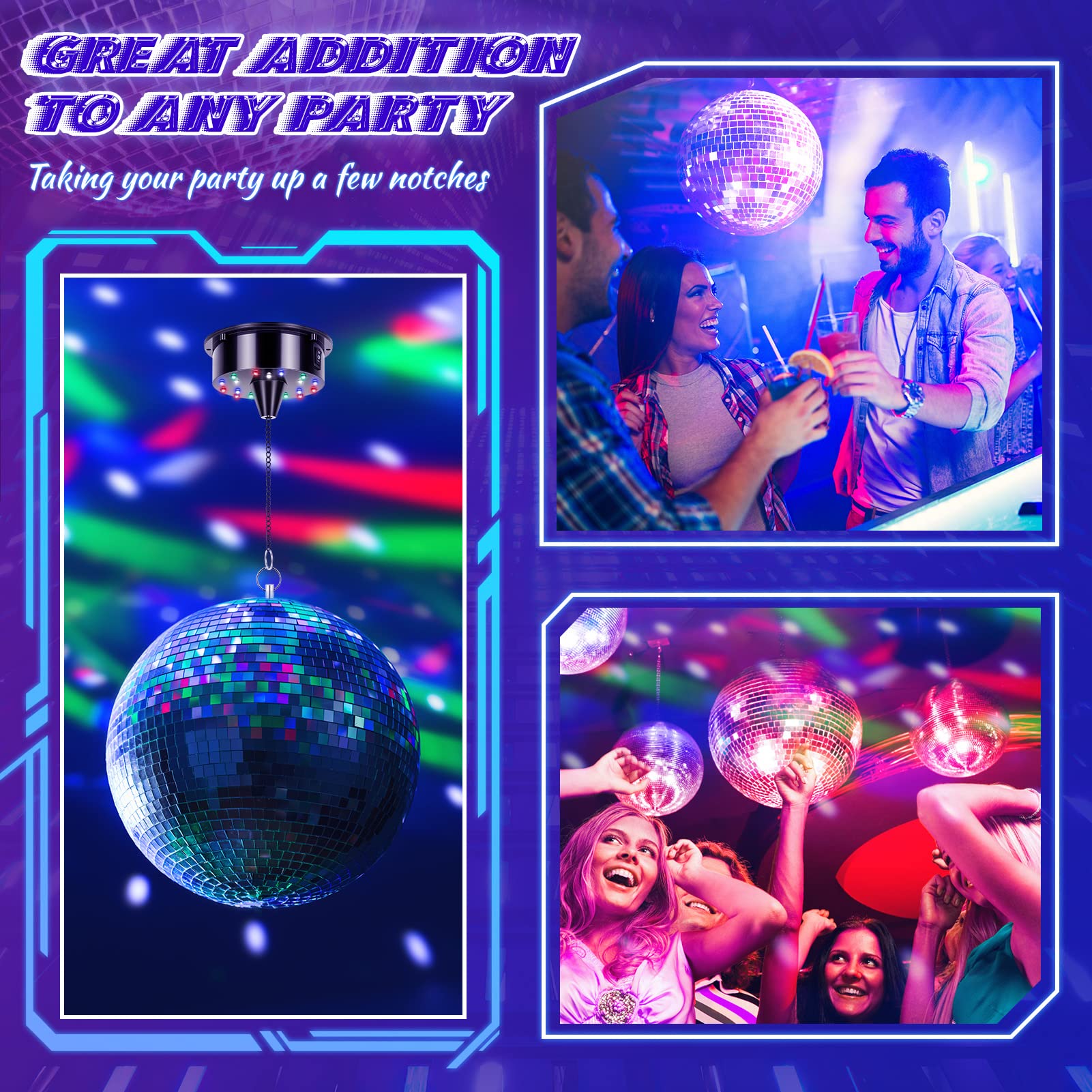 Meagoo Disco Ball With Motor And Light, 8'' Hanging Mirror Ball And 6Rpm Batteries Powered Rotating Motor With 4 Light Colors An